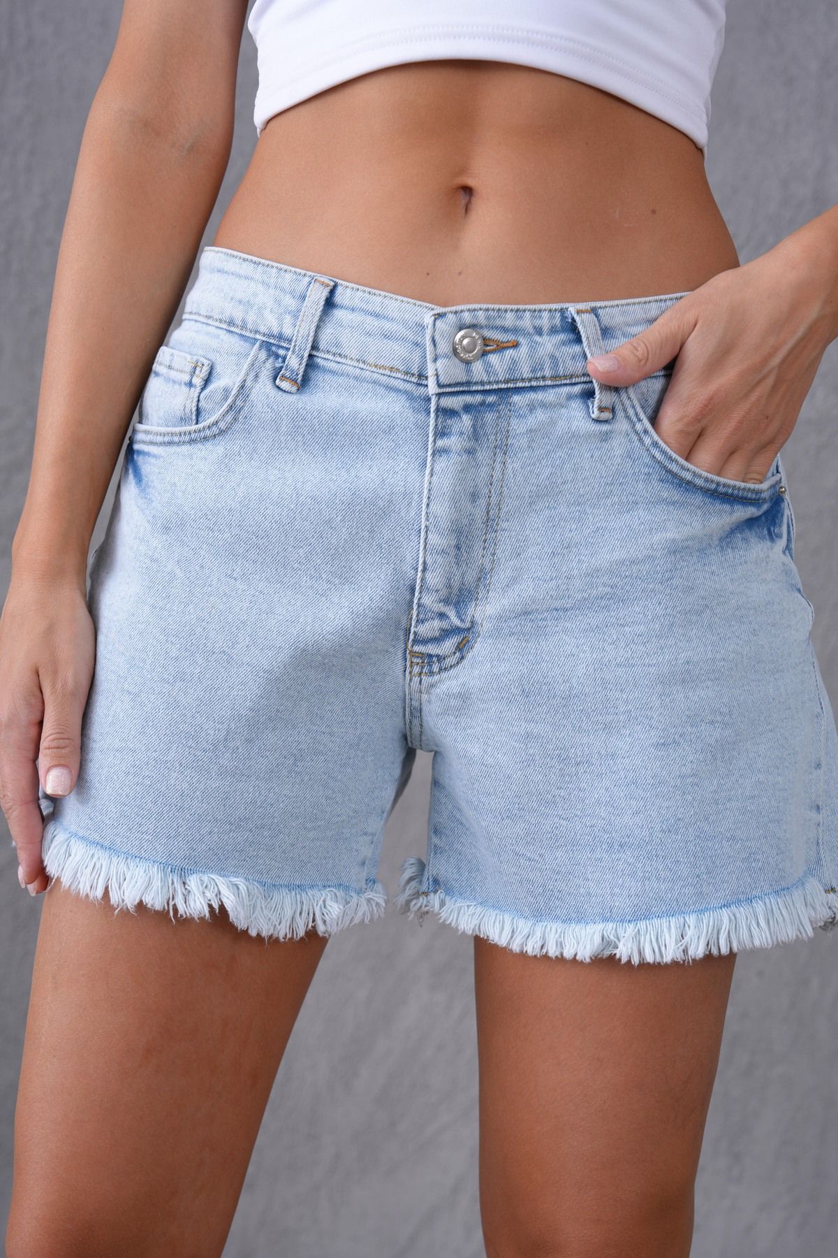 WOMAN VISION Mavi Püsküllü Paça Detay Cepli Tasarım Yüksek Bel Kot Şort Jeans Şort 70370