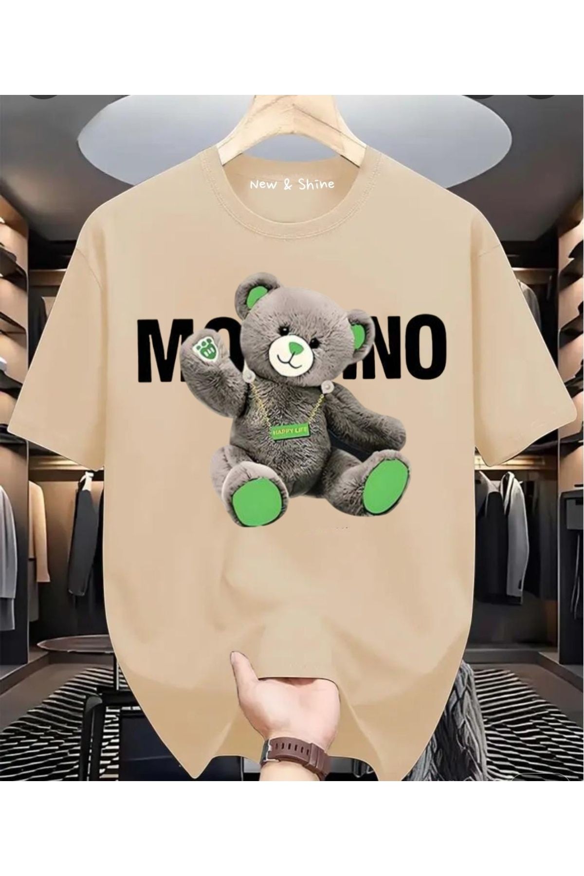 New Shine Gri Ayıcık Baskılı Büyük Beden Oversize T-Shirt