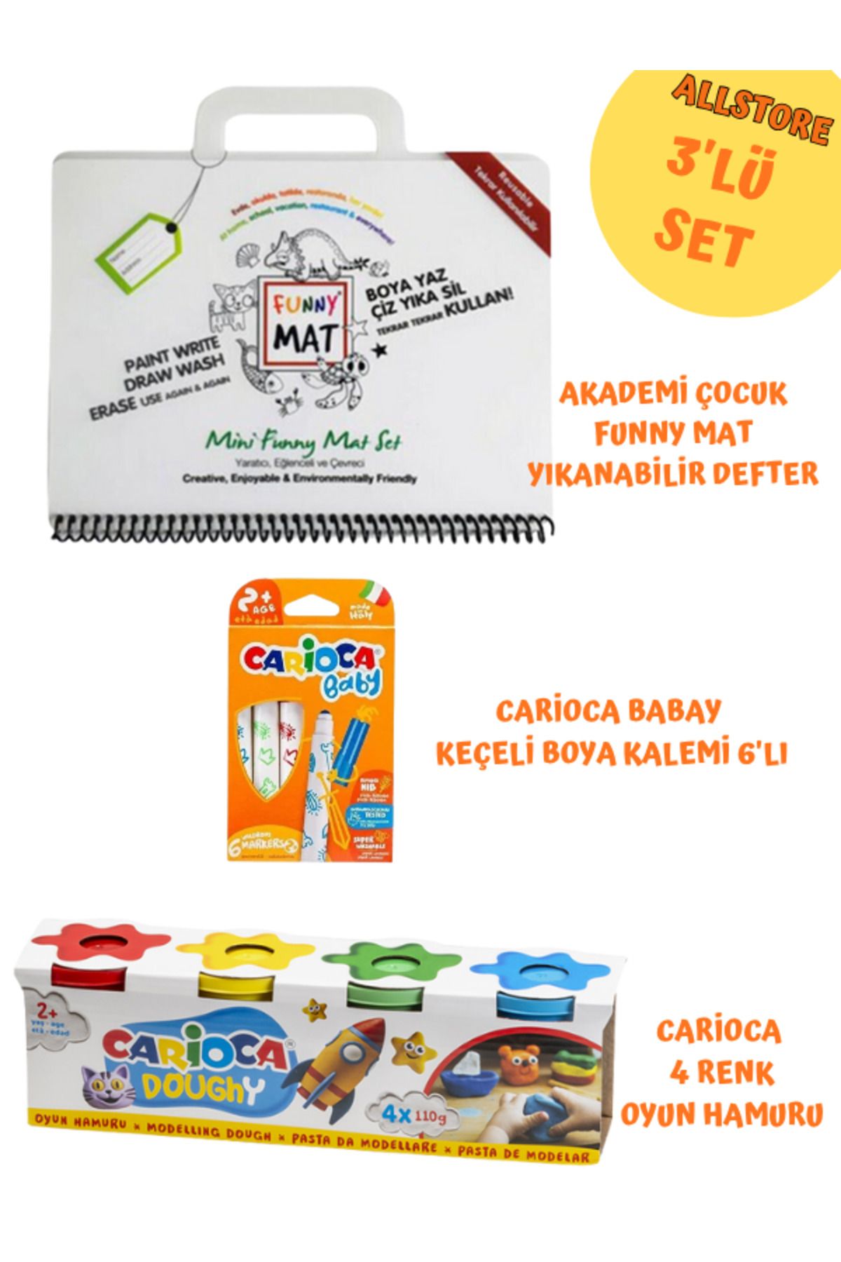 CARIOCA 3 lü Eğlence Seti Carioca Oyun Hamuru-Baby 6'lı Akademi Çocuk Mat Yıkanabilir Defter