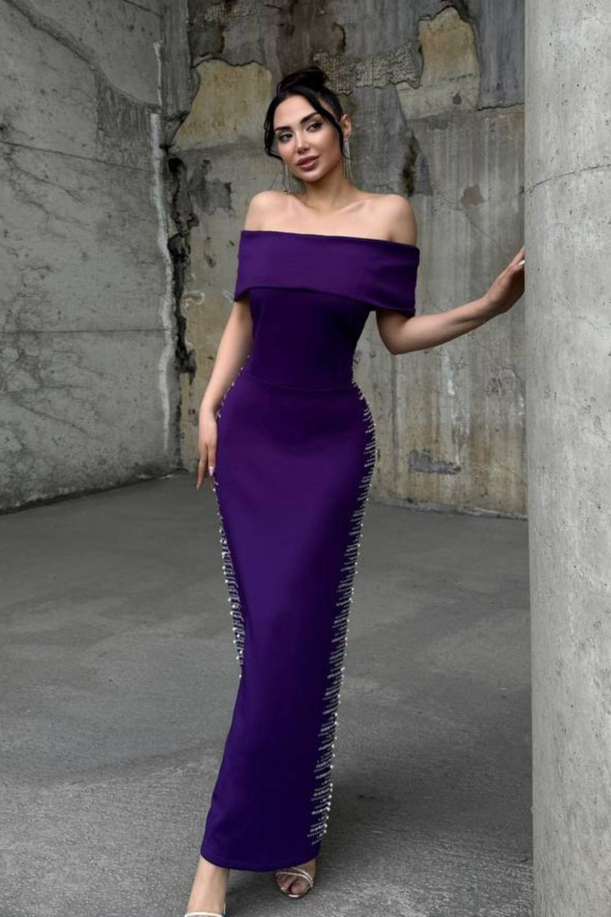 Modafeminen Strapless Neckline Scuba Fabric Dress with Pearls on the Sides Purple 583242