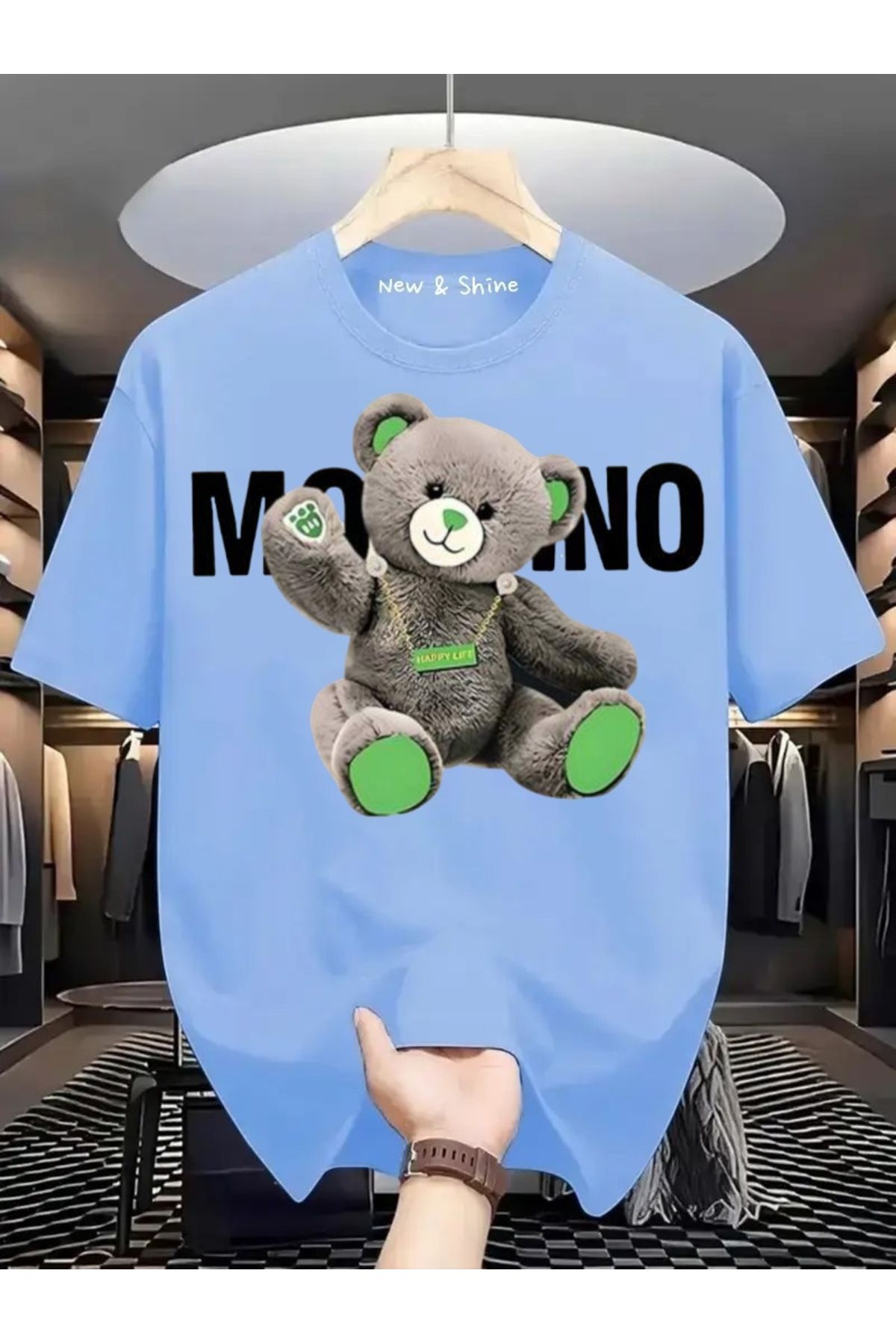 New Shine Gri Ayıcık Baskılı Büyük Beden Oversize T-Shirt