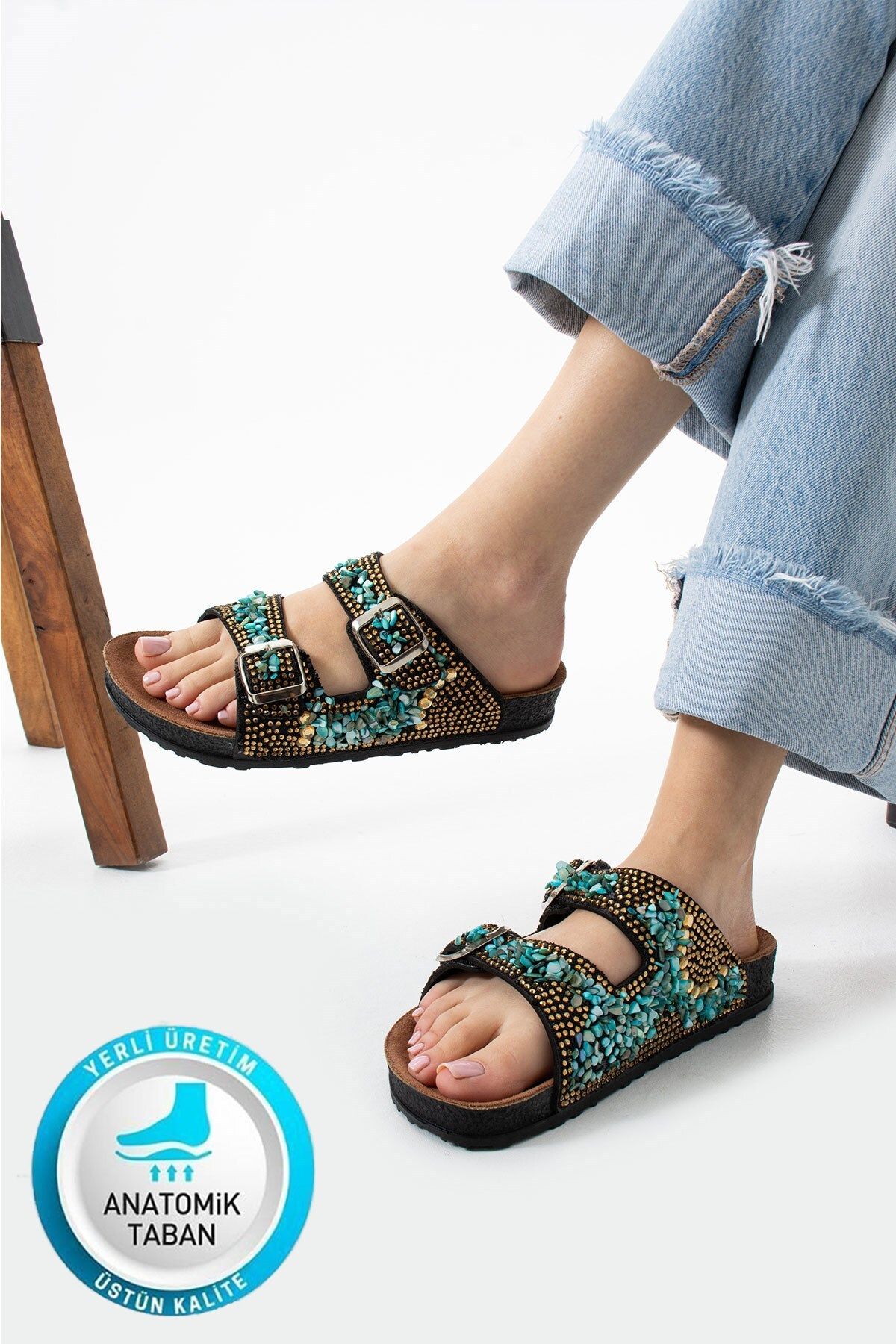 AlbiShoes Bloom Kadın Eva Taban Konfor Taş Pırlanta İşlemeli Terlik Çift Bantlı Tokalı Günlük Terlik