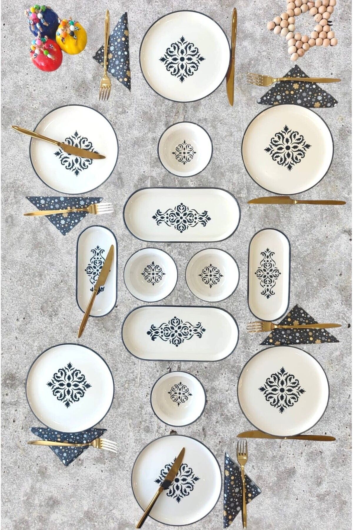 Borser Etnik Desen Siyah 6 Kişilik 14 Parça Kahvaltı takımı