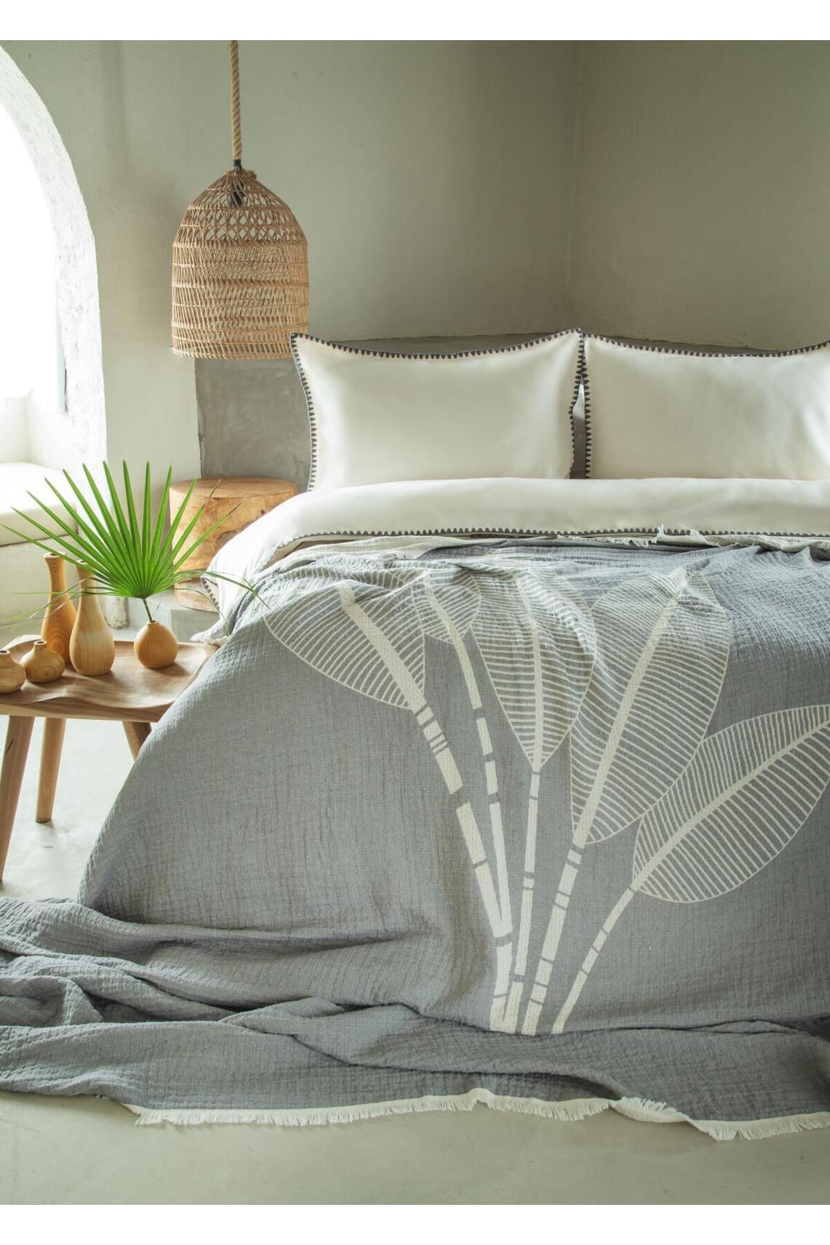 Apricitas HOME ÇİFT KİŞİLİK MUSLIN YATAK ÖRTÜSÜ NEVRESIM SET JUNE GRI - PIKE TAKIMI