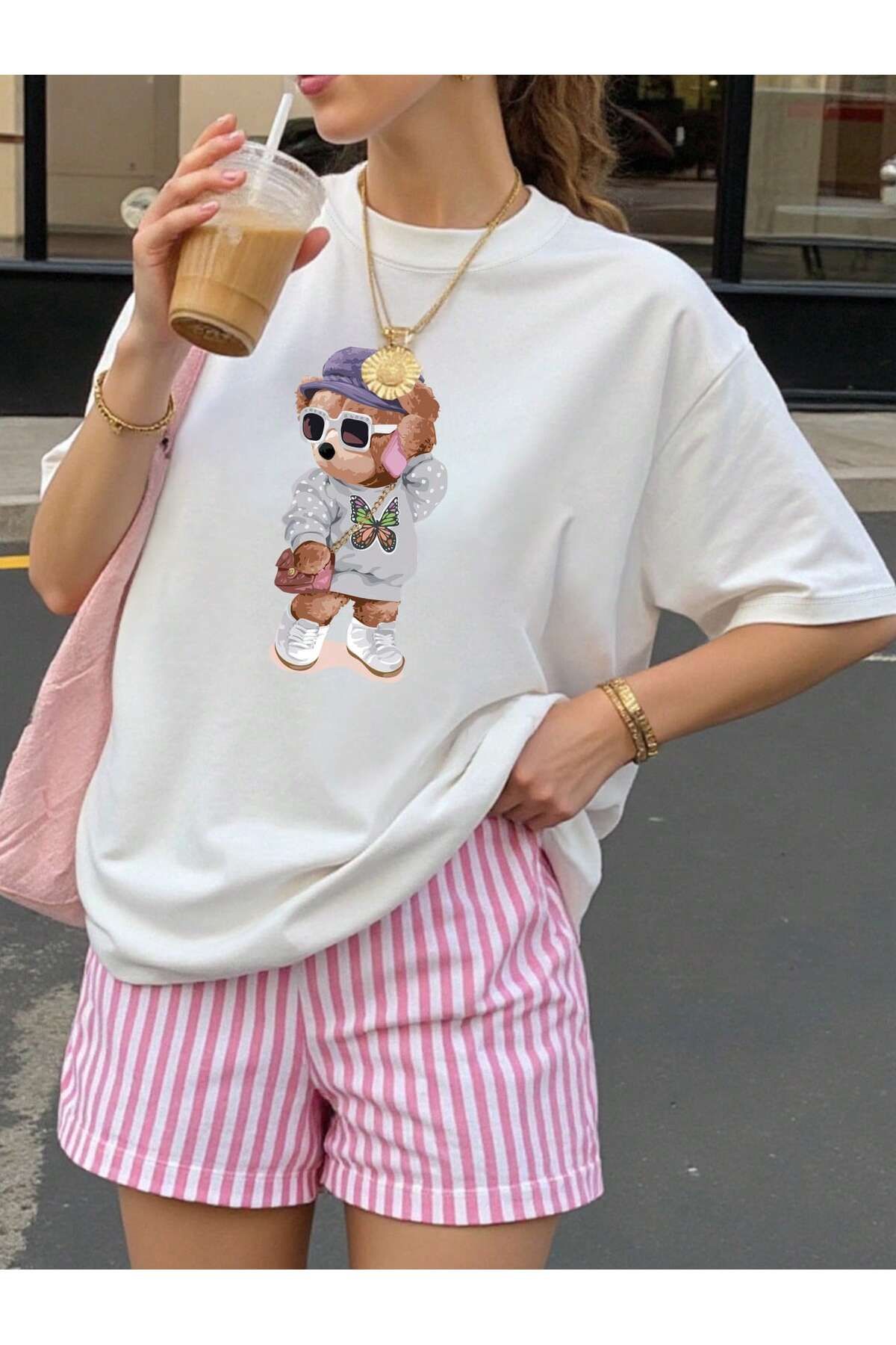 LAMASTRE Butterfly Bear T-Shirt - Beyaz Baskılı Oversize Bisiklet Yaka Kısa Kol