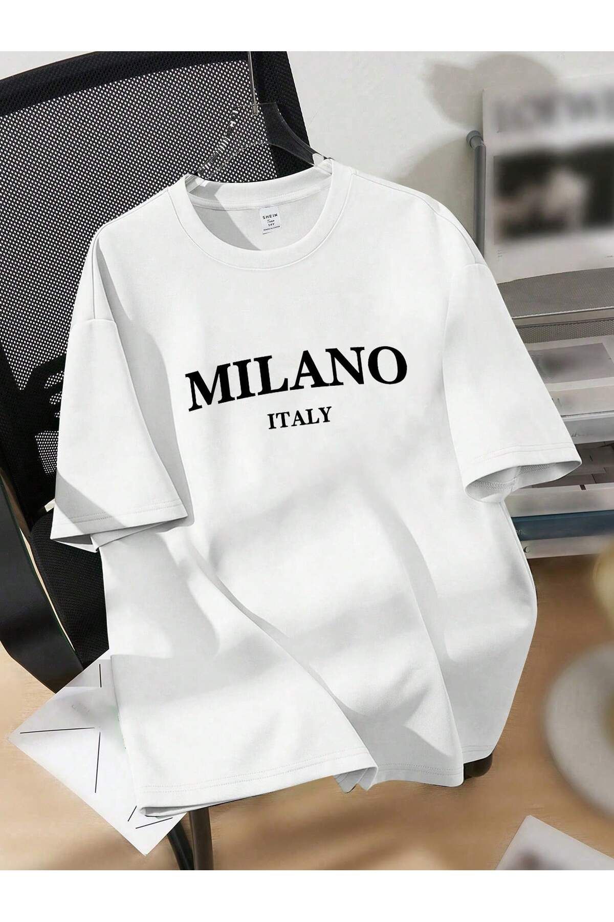 LAMASTRE Milano Italy T-Shirt - Beyaz Baskılı Oversize Bisiklet Yaka Kısa Kol