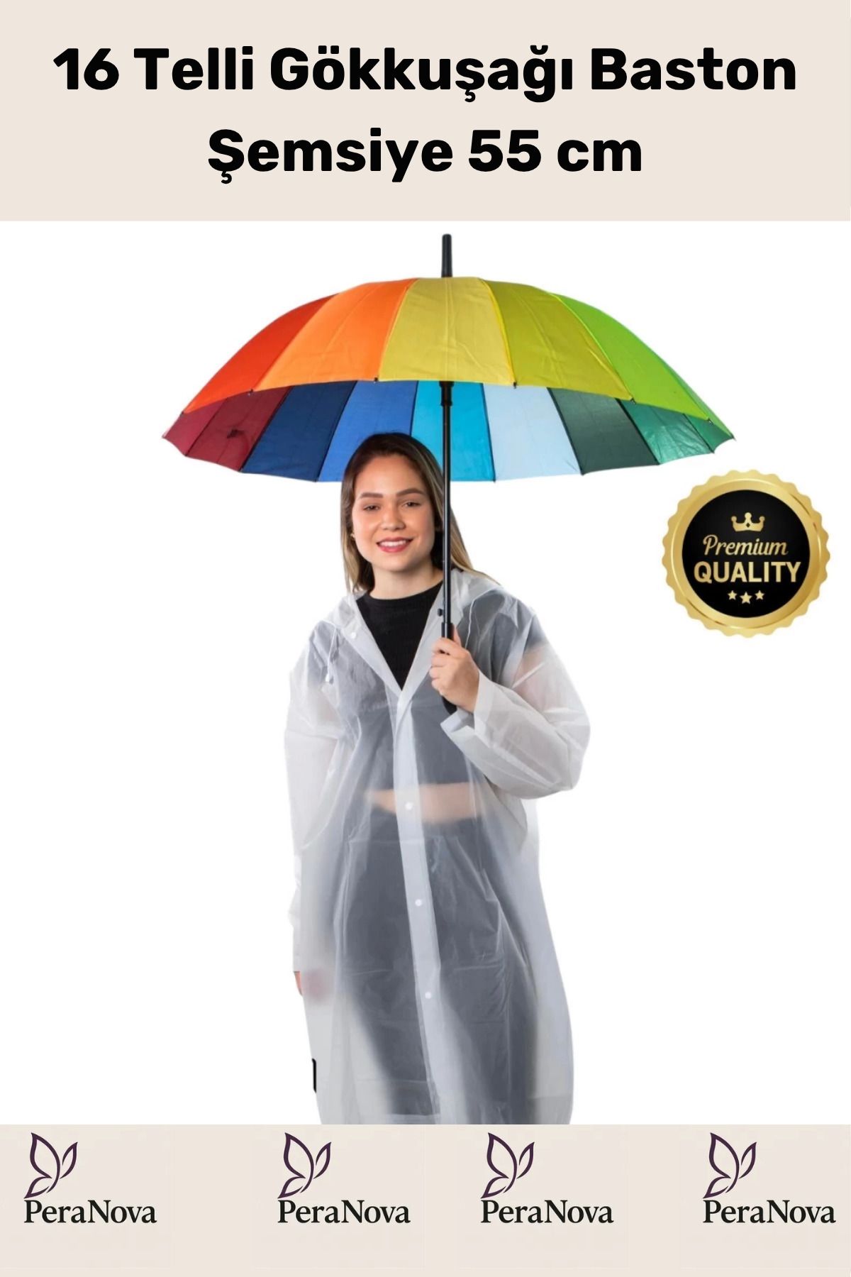 PeraNova Özel Seri Otomatik Mekanizma Baston Tip Rüzgar Korumalı Fiber 16 Telli Gökkuşağı Baston Şemsiye 55cm