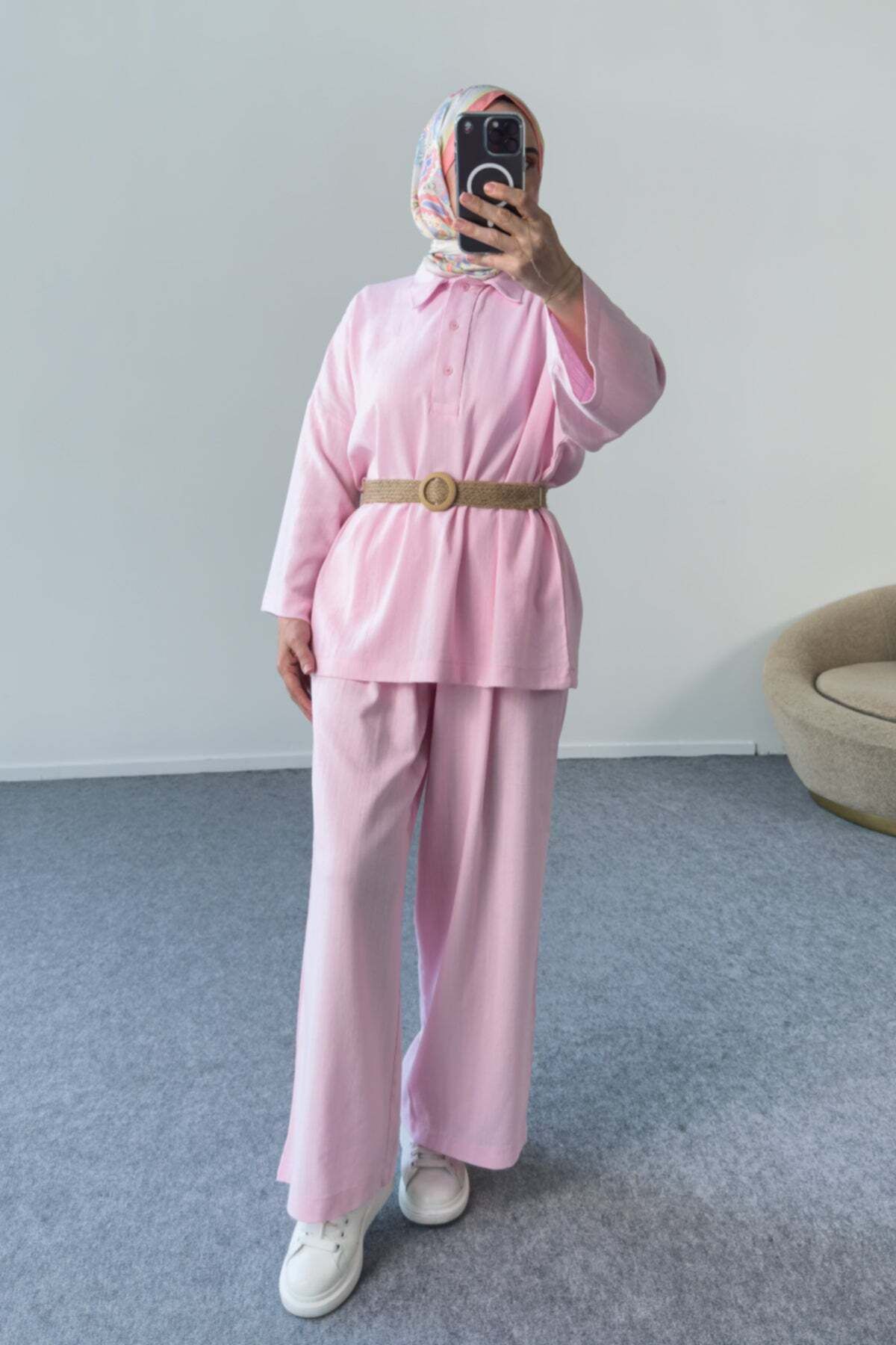 Hatun Atila Yakası Düğmeli Kemerli Pantolonlu İkili Takım 5207 - Pembe