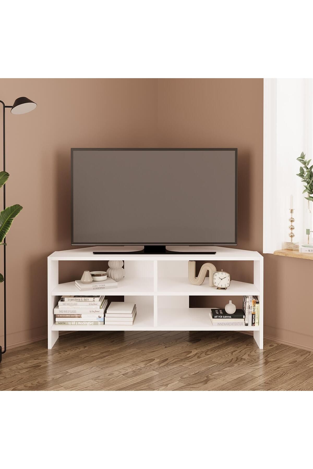 Bimossa ROY B1420 Köşe TV Ünitesi TV Sehpası – Beyaz | Açık Raflı 48 inç Uyumlu