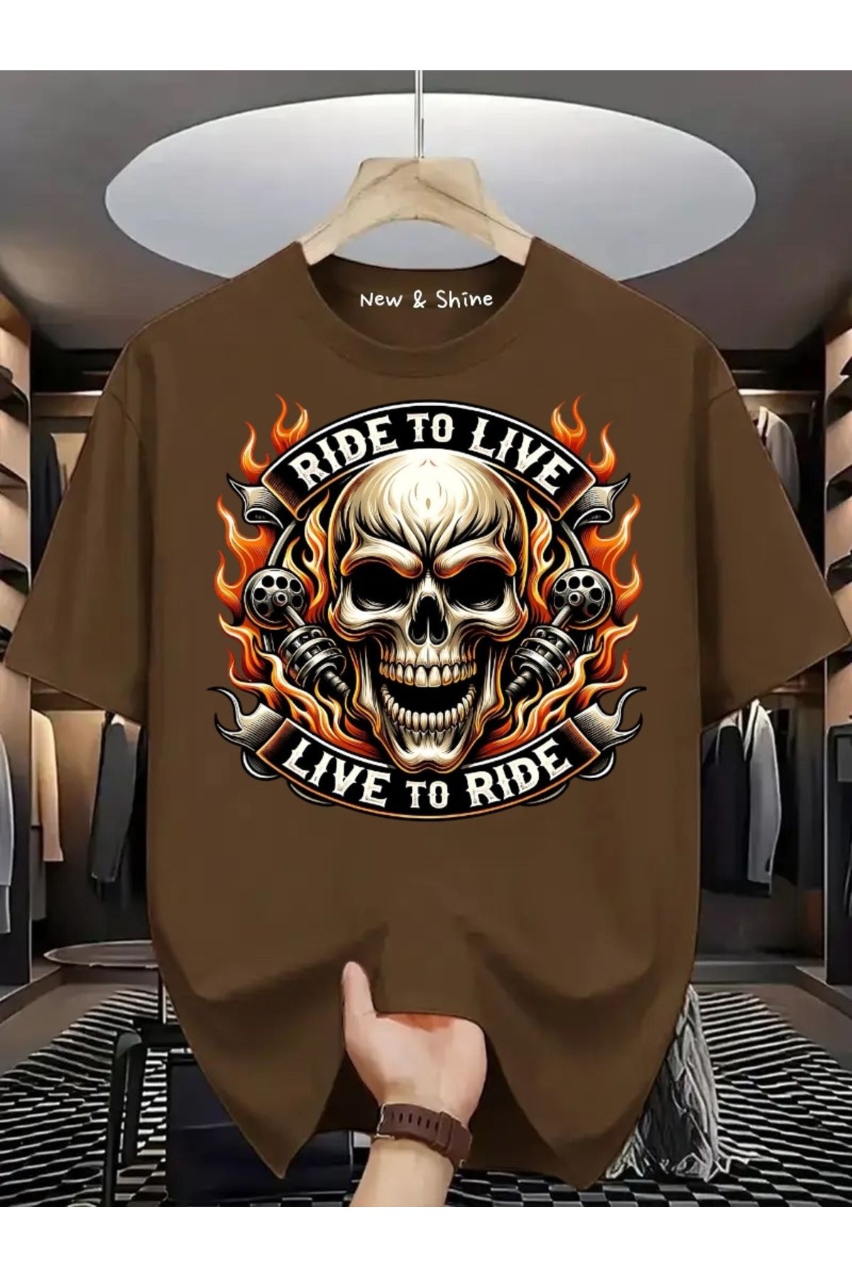 New Shine Ride or Live Baskılı Büyük Beden Oversize T-Shirt