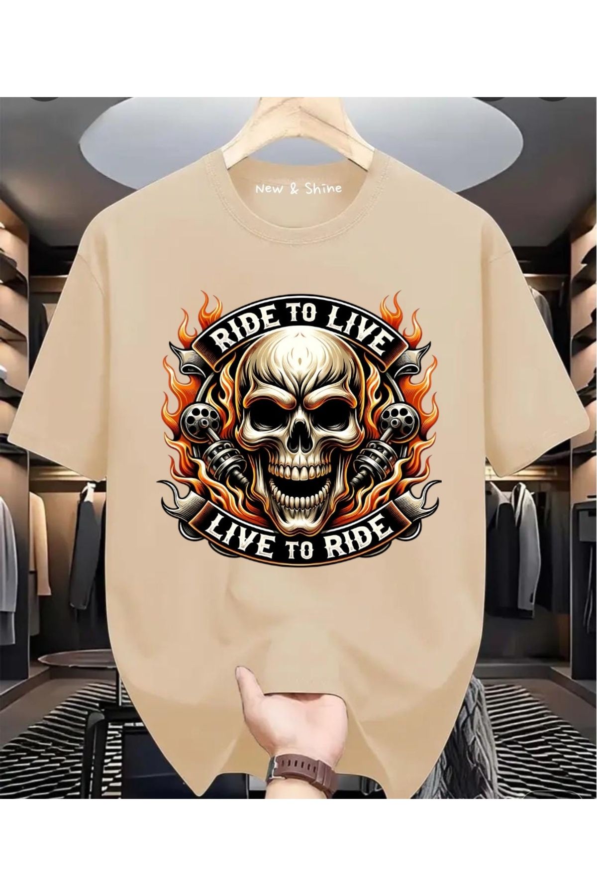 New Shine Ride or Live Baskılı Büyük Beden Oversize T-Shirt