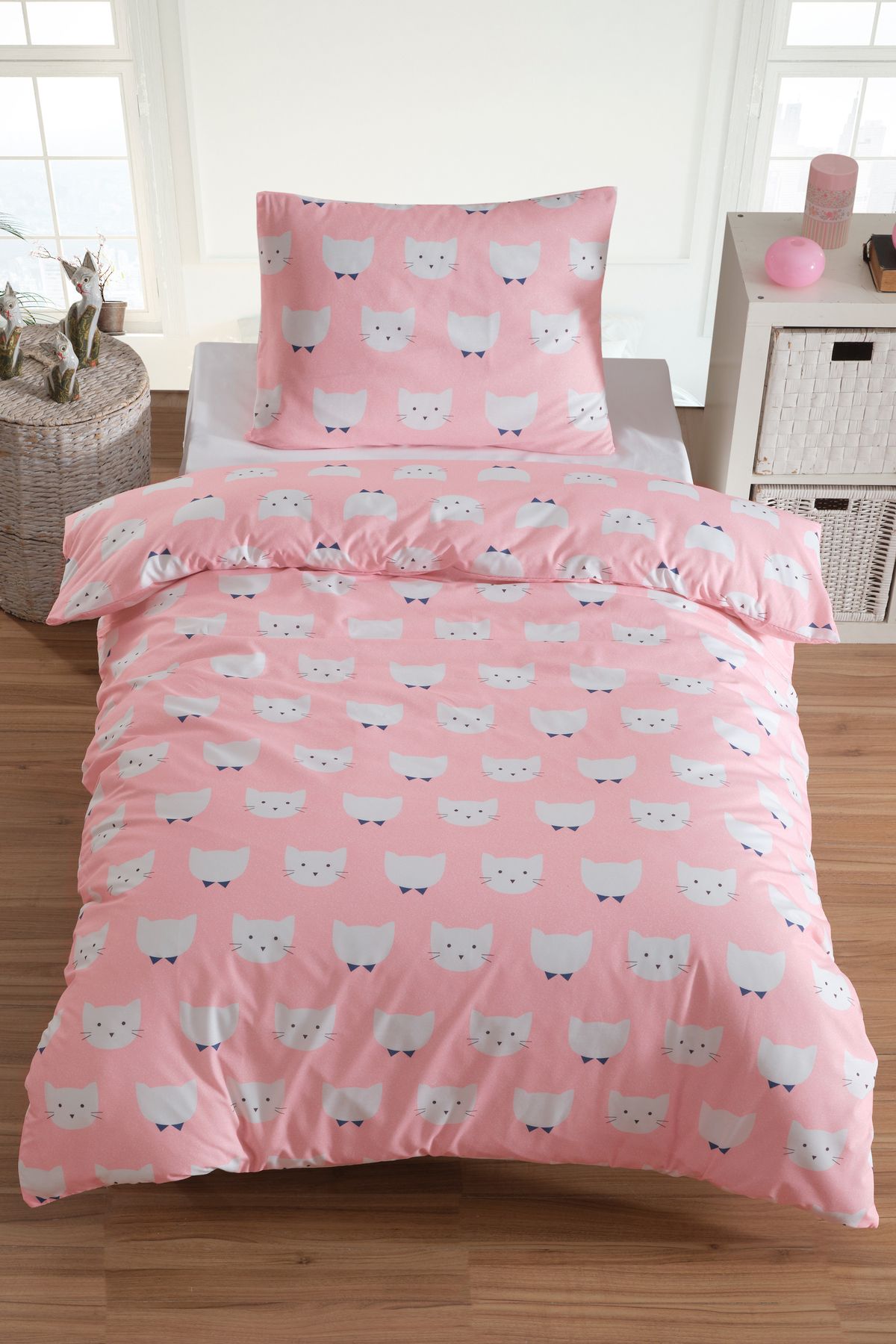Eponj Home Tek Kişilik Pamuklu Nevresim Takımı 3 Parça – Pisipisi Desen – Pembe / Yumuşak Dokulu
