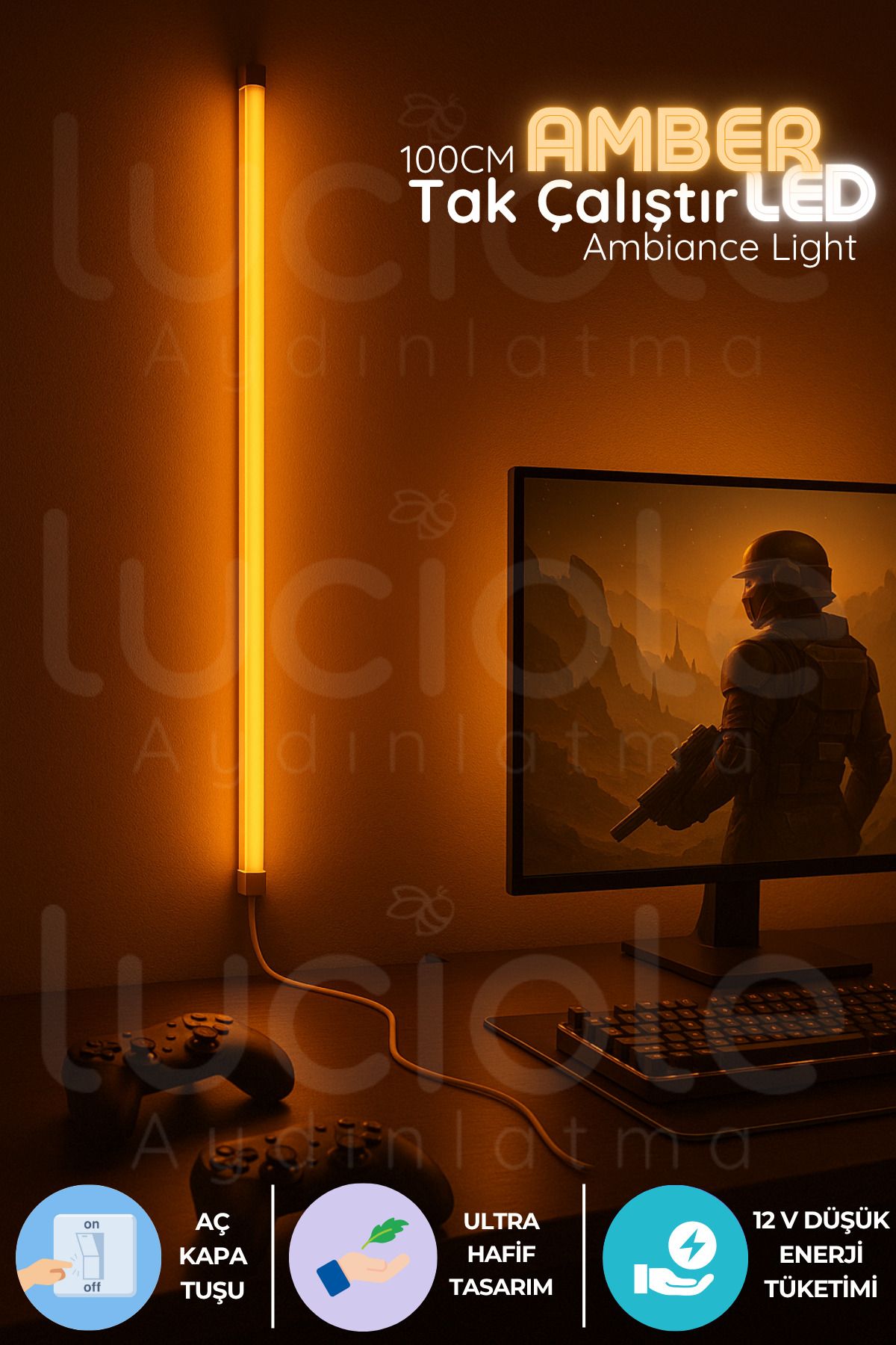 luciole Mood Light Serisi | 100 cm Amber LED Bar – Aç Kapa Anahtarlı Tak Çalıştır Dekoratif Işık
