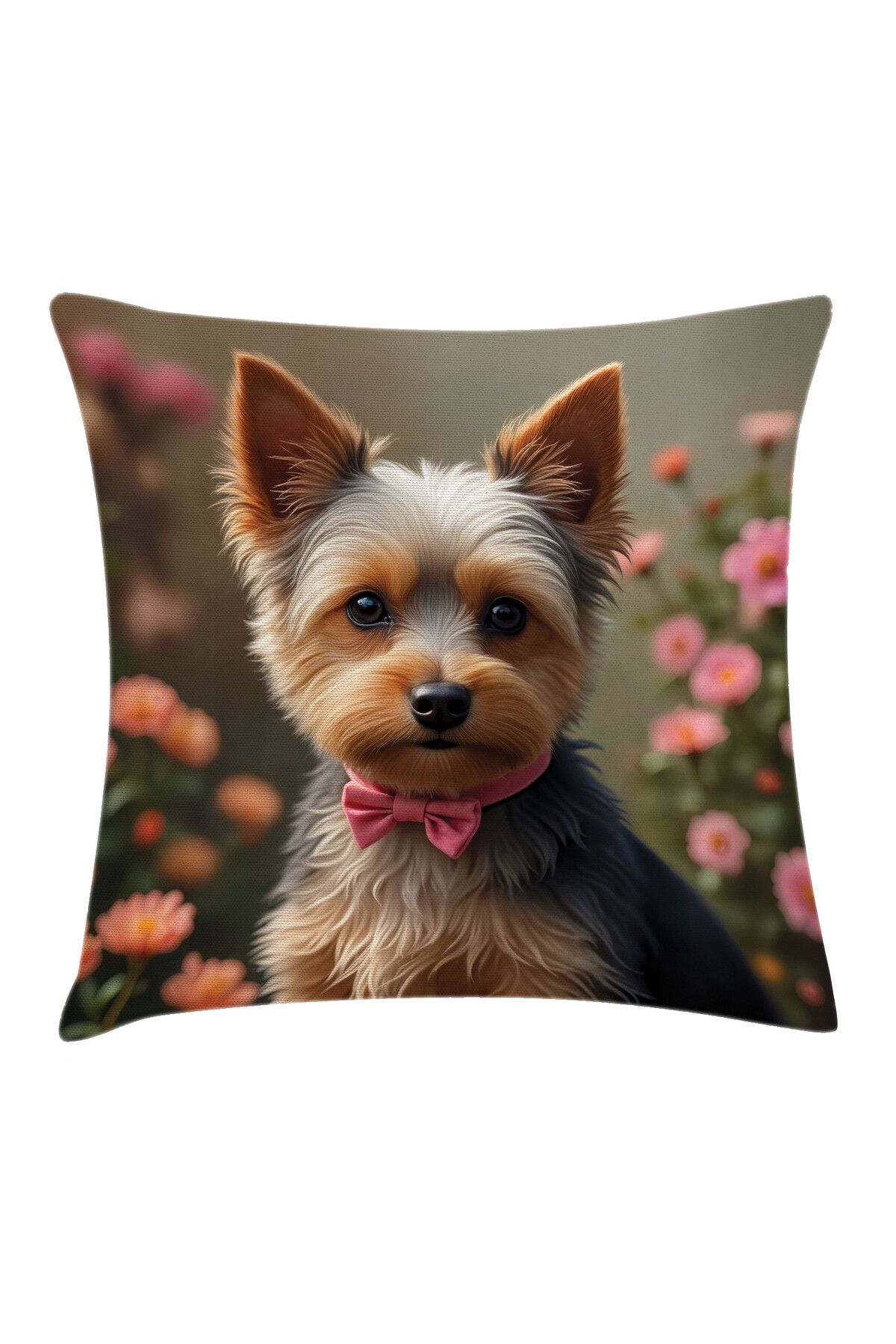 Orange Venue Yorkshire Terrier Desenli Minder Kılıfı, Şirin Köpek ve Çiçekler, Karamel Pembe ve Yeşil