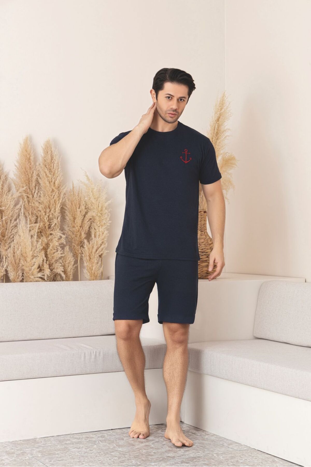 snooza Erkek Şortlu Çapalı Lacivet Kısa Kollu Penye Pamuklu Kumaş Pijama Takımı