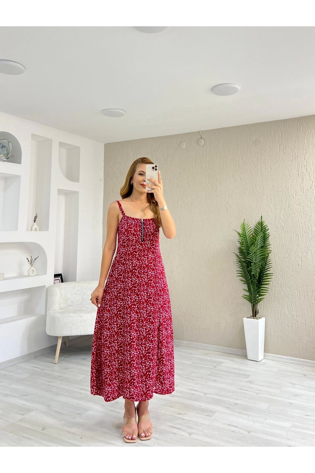 İrka Moda Göğüs Fermuarlı Desenli Elbise Kırmızı