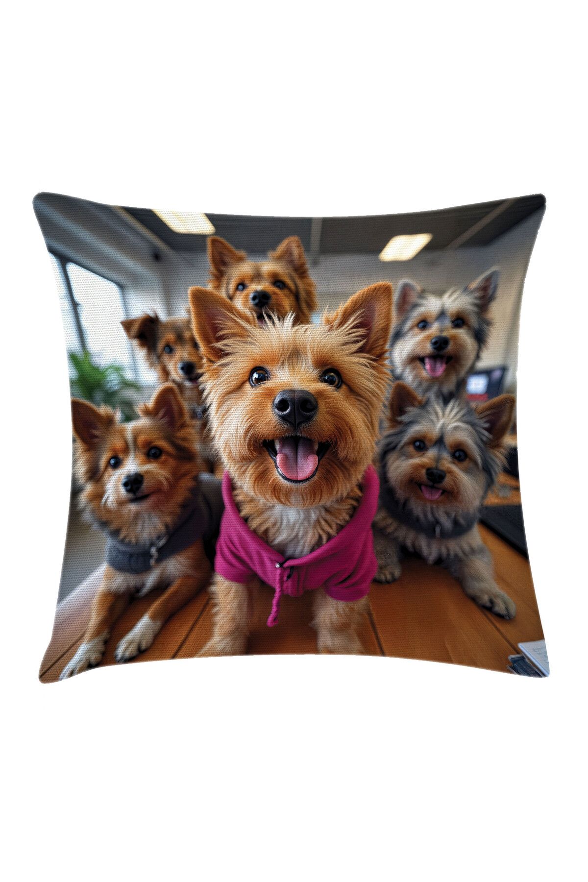 Orange Venue Yorkshire Terrier Desenli Minder Kılıfı, Ofisteki Meraklı Köpekler, Amber Macenta ve Çok Renkli