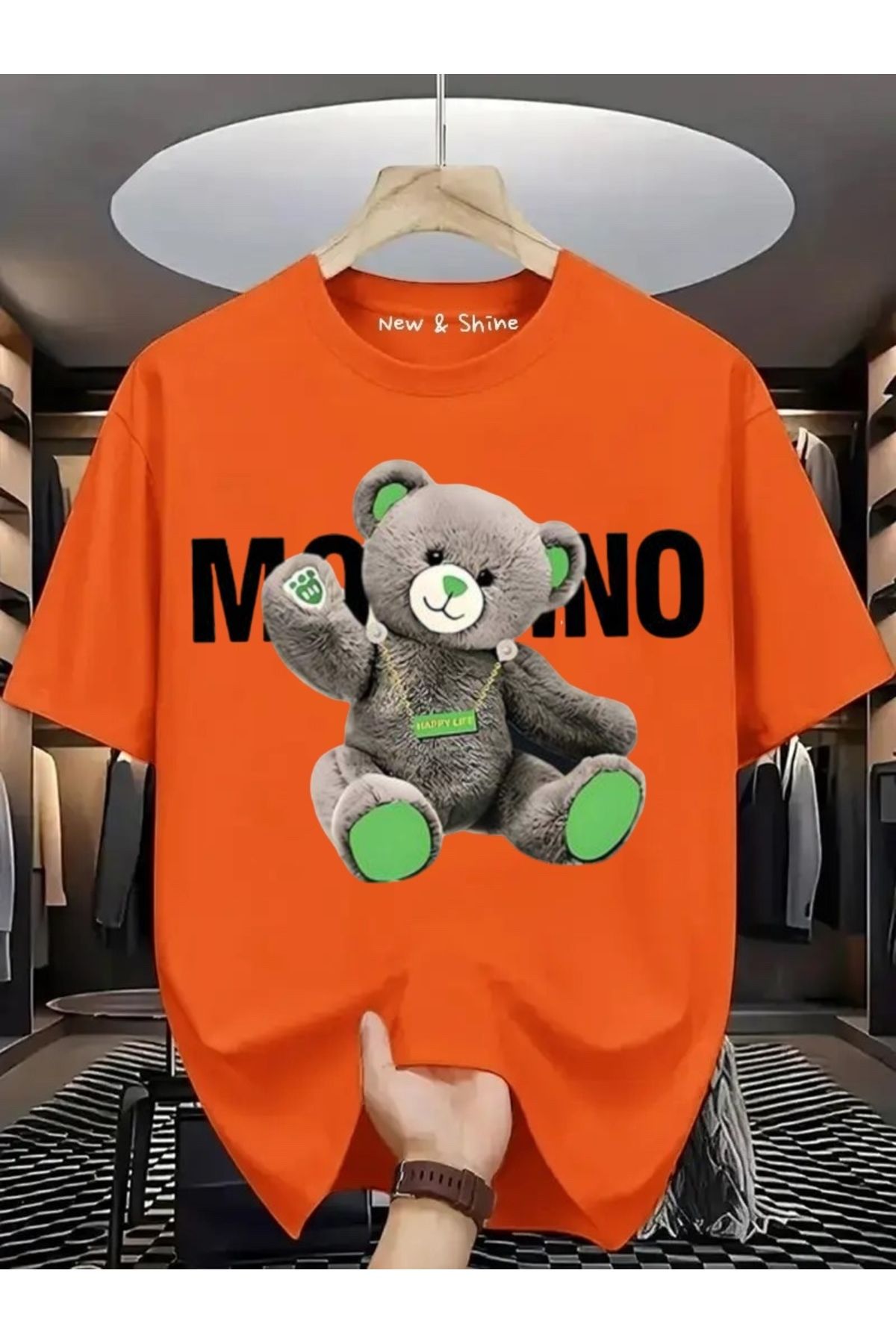 New Shine Gri Ayıcık Baskılı Oversize T-Shirt