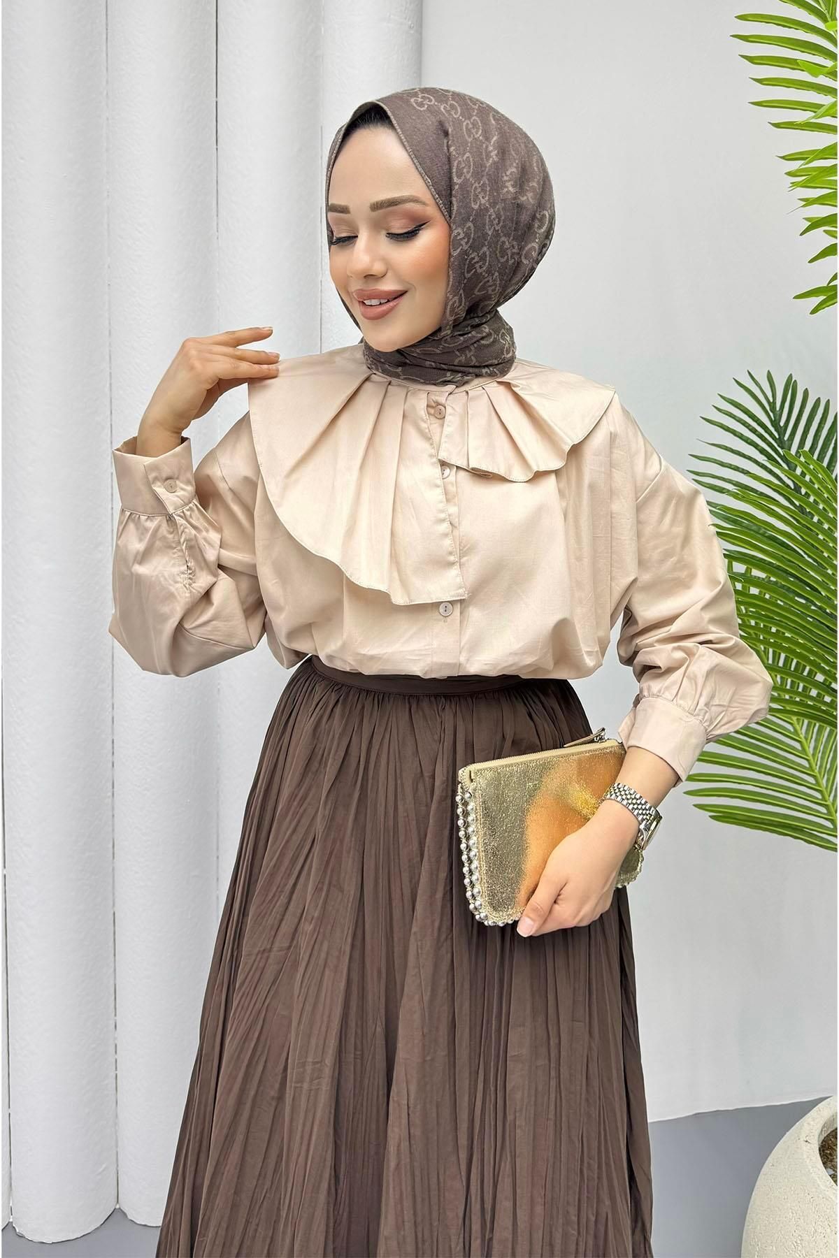 Modaensarbutik Yaka Detaylı Kısa Mini Tesettür Gömlek-TAŞ