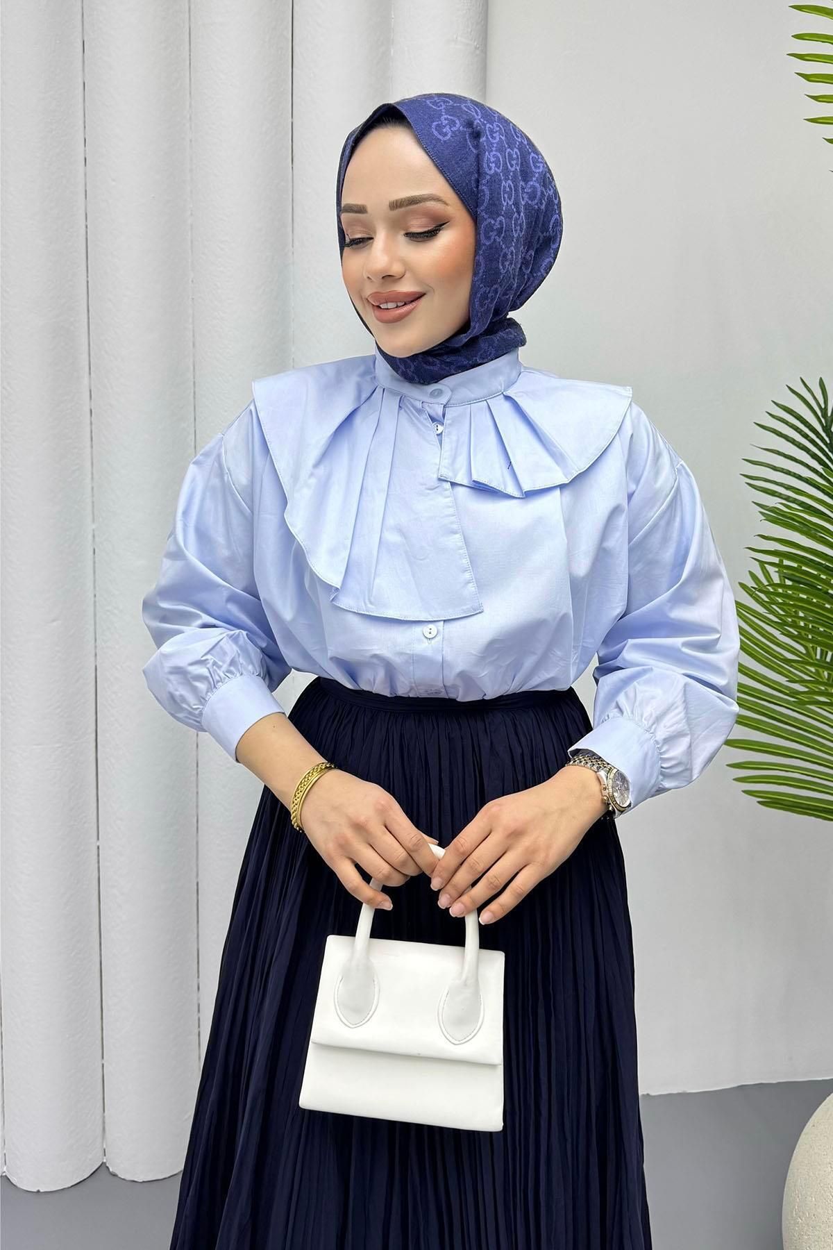 Modaensarbutik Yaka Detaylı Kısa Mini Tesettür Gömlek-MAVİ