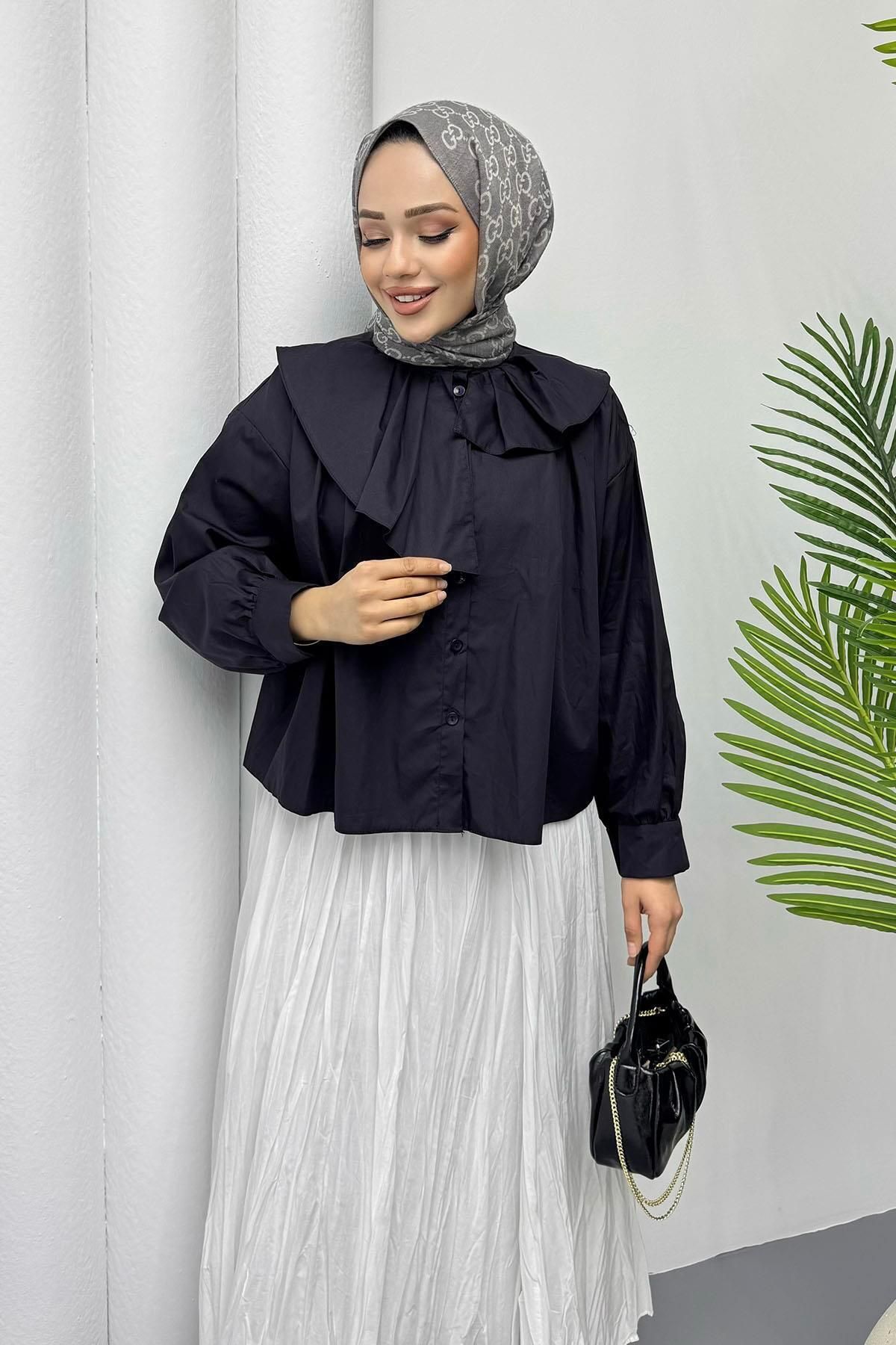 Modaensarbutik Yaka Detaylı Kısa Mini Tesettür Gömlek-LACİVERT