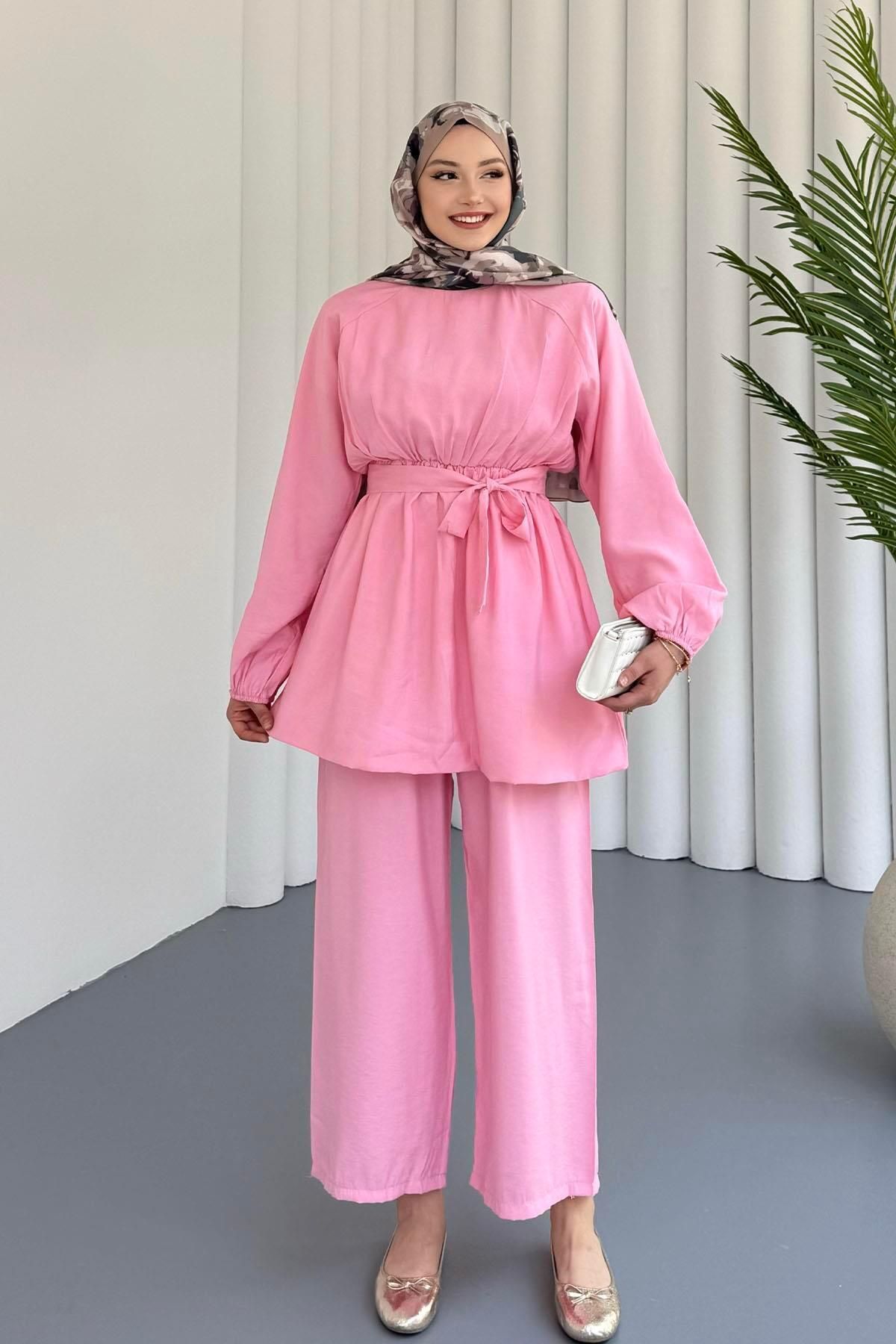 Modaensarbutik Belden Lastik Detaylı Pantolonlu Tesettür Takım-PEMBE
