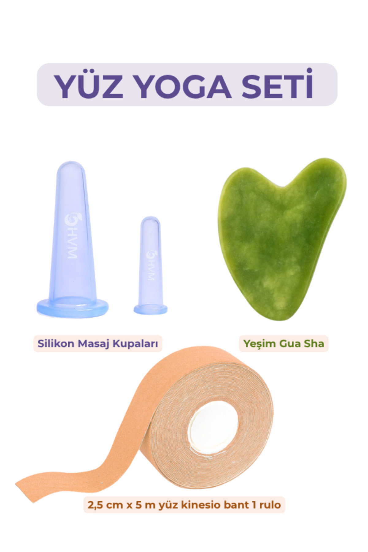 HVM Yüz Yoga Seti 4 Parça, Silikon Masaj Kupası, Kinesiology Face Tape ve Yeşim Gua Sha