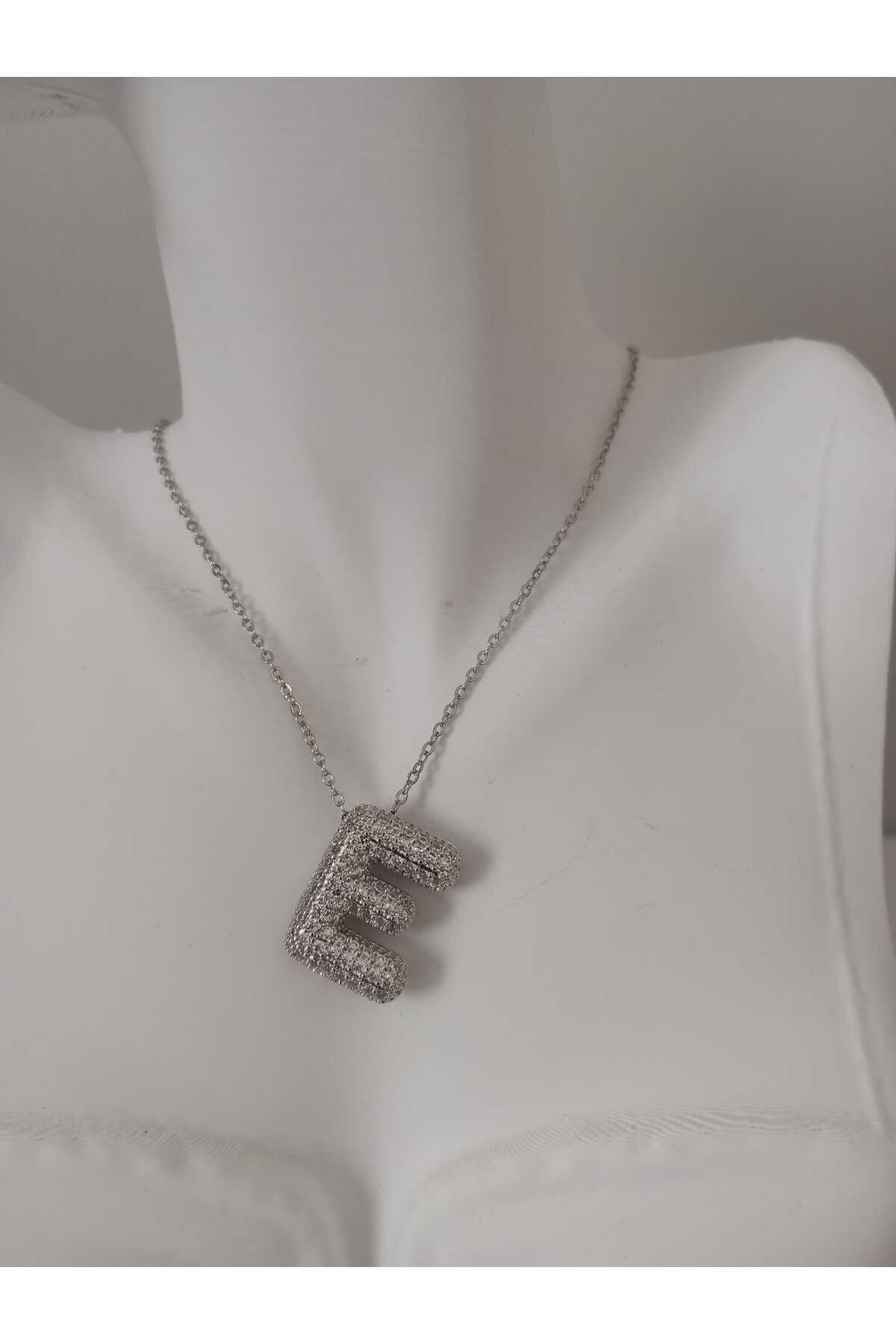 sessjewelry Kadın Çelik Silver Zirkon Taşlı E Harfli Kolye