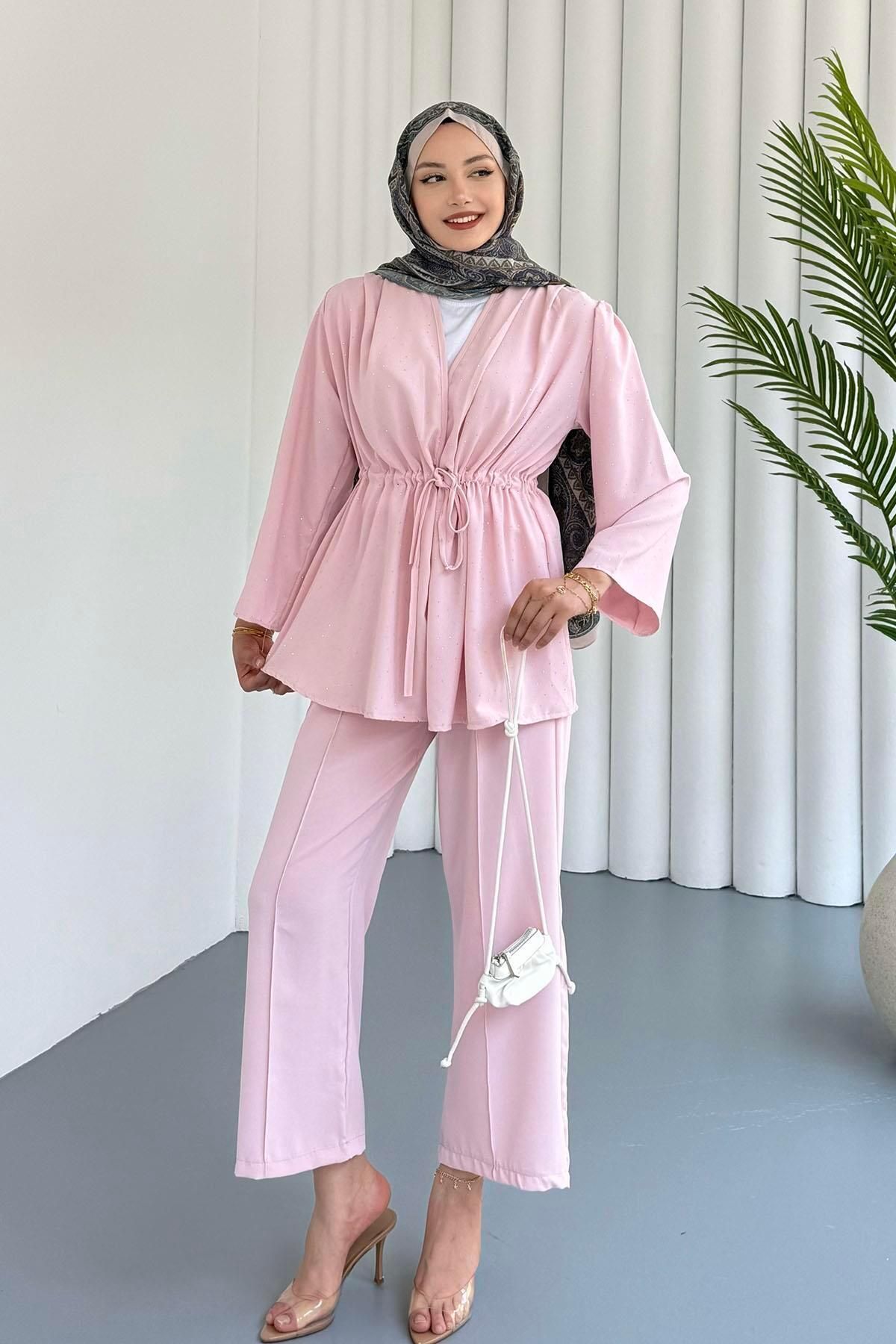 Modaensarbutik Belden Büzgülü Taş Serpmeli Kimono Pantolon Takım-PEMBE