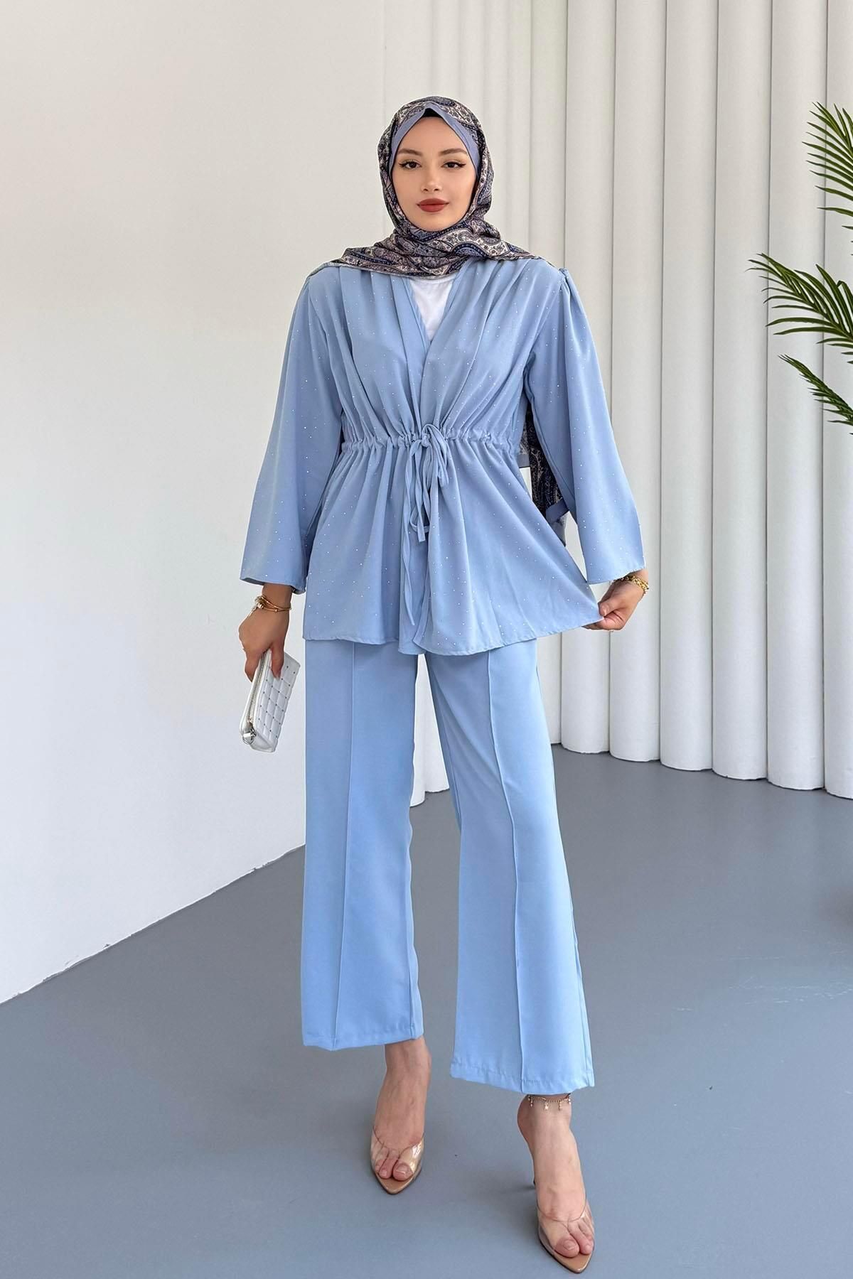Modaensarbutik Belden Büzgülü Taş Serpmeli Kimono Pantolon Takım-MAVİ