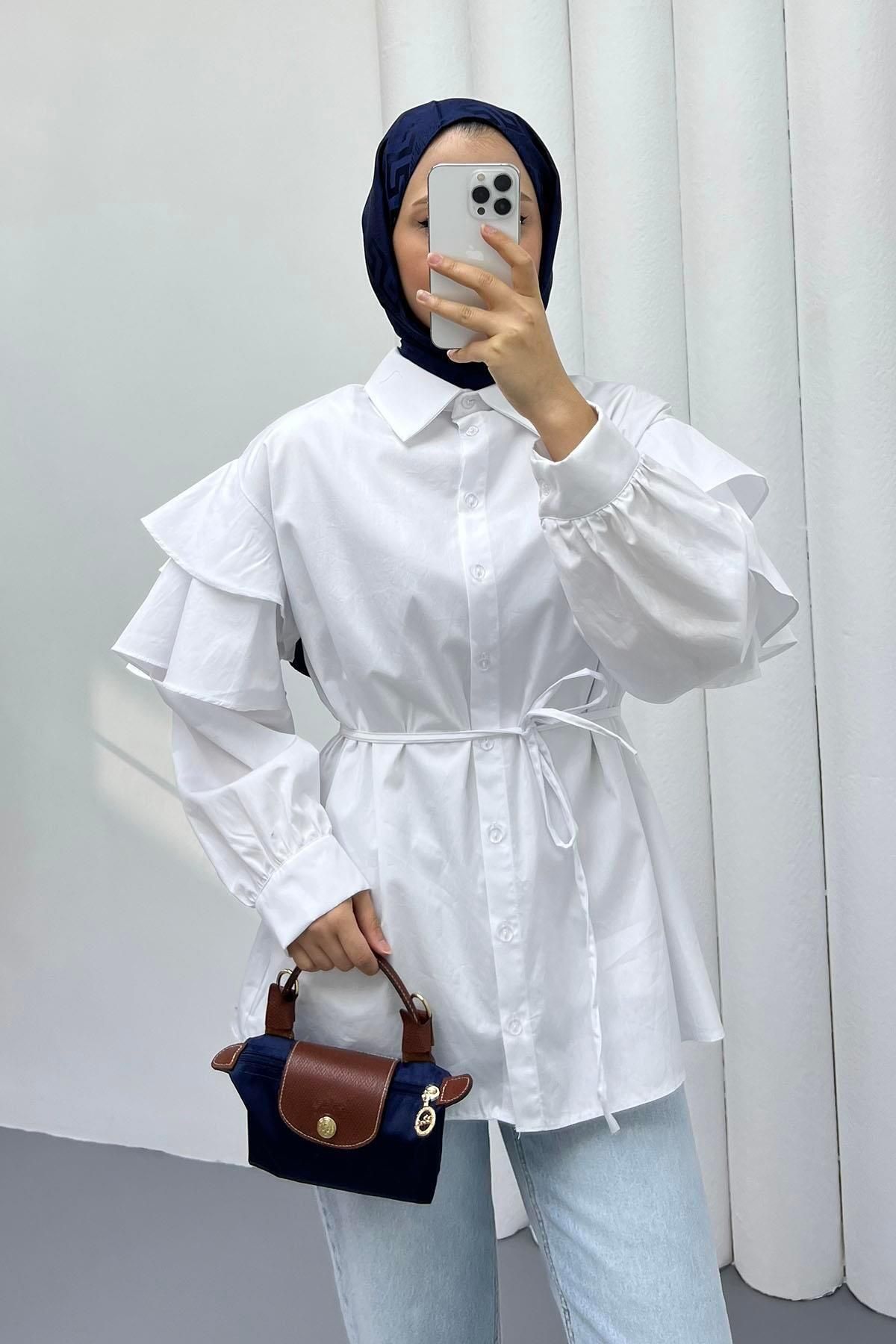 Modaensarbutik Kolları Kat Kat Detay Gömlek-BEYAZ