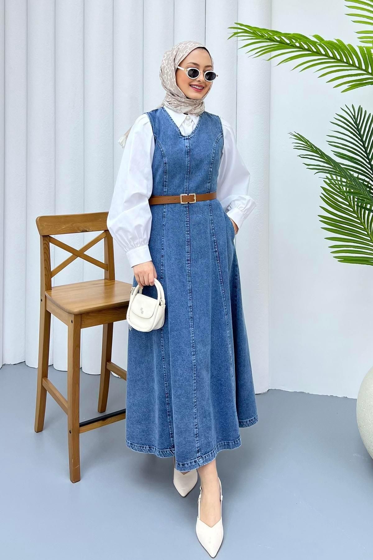 Modaensarbutik Nervül Dikişli Kemerli Denim Jile-AÇIK MAVİ