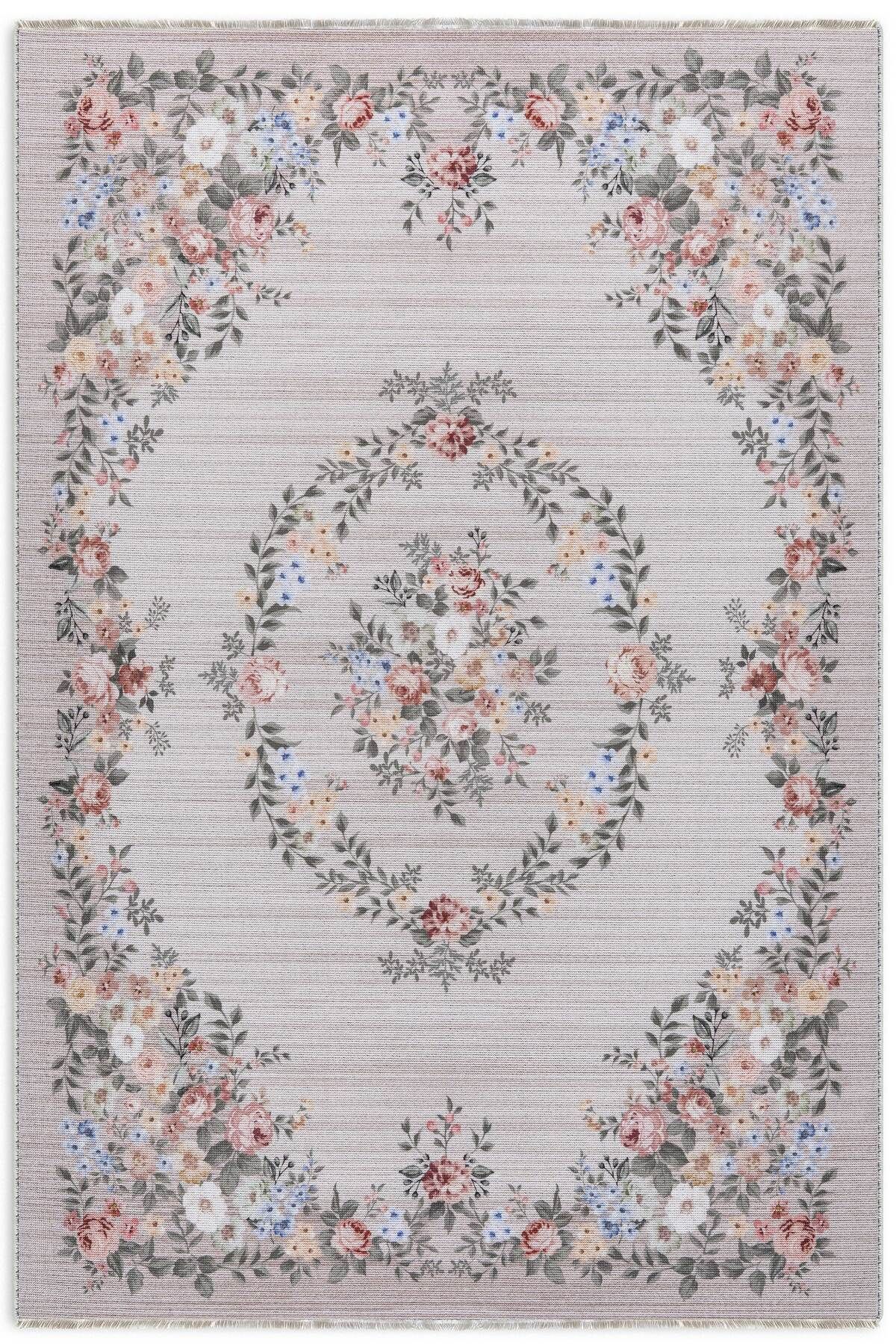Pastel Home Eskitme çiçekli bej krem şönil halı kendinden saçaklı yıkanabilir salon mutfak koridor kaymaz taban