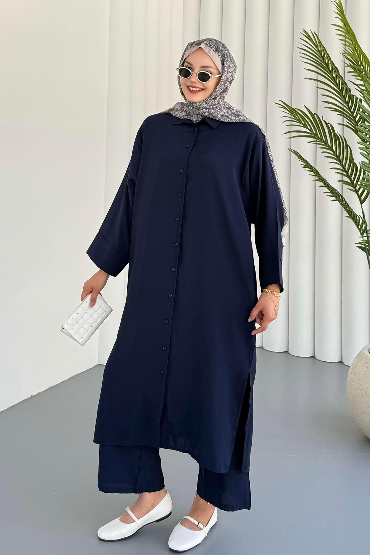 Modaensarbutik Yırtmaç Detaylı Tunik Pantolon Tesettür Takım-LACİVERT