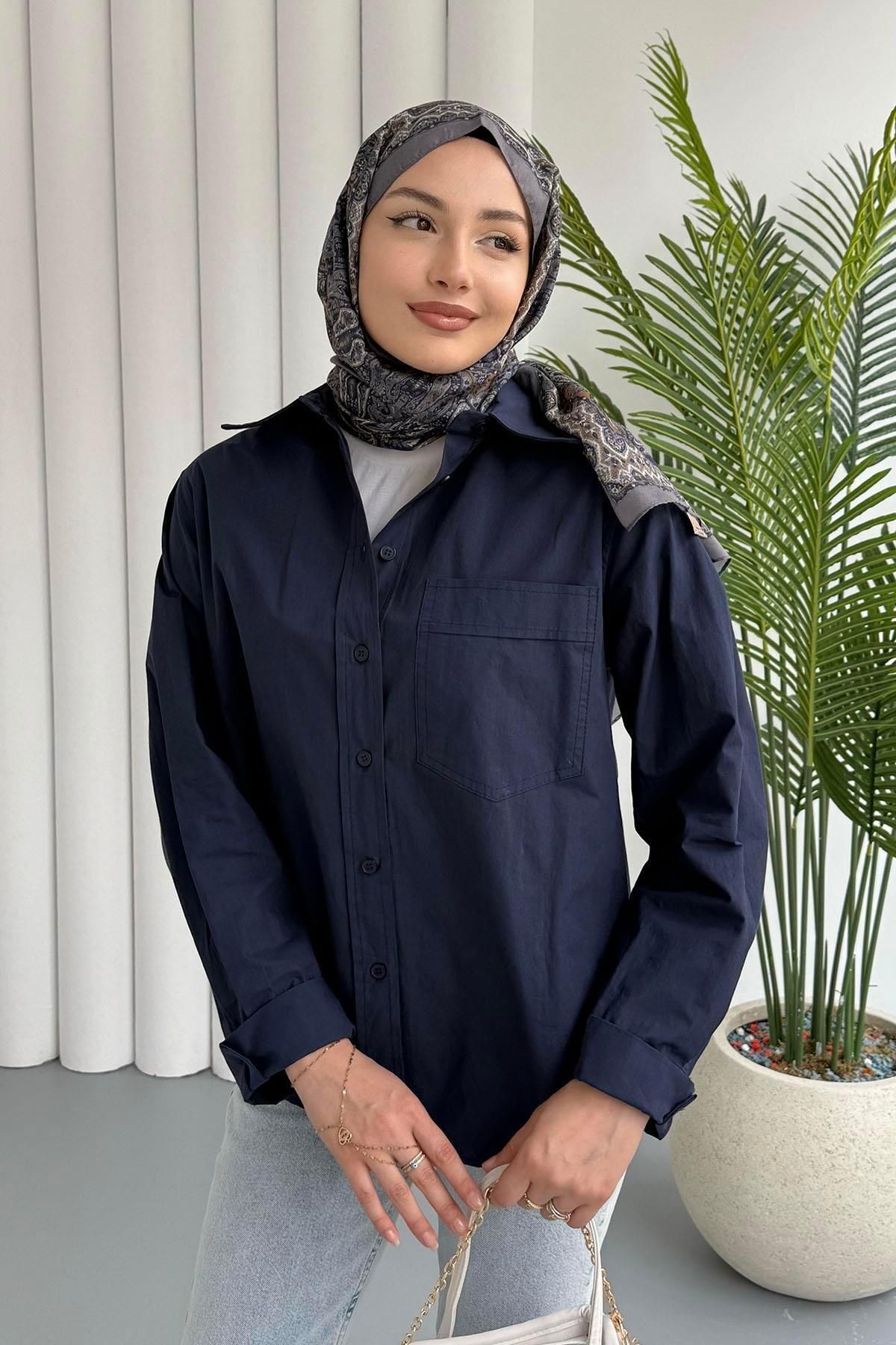 Modaensarbutik Cep Detaylı Basic Poplin Tesettür Gömlek-LACİVERT