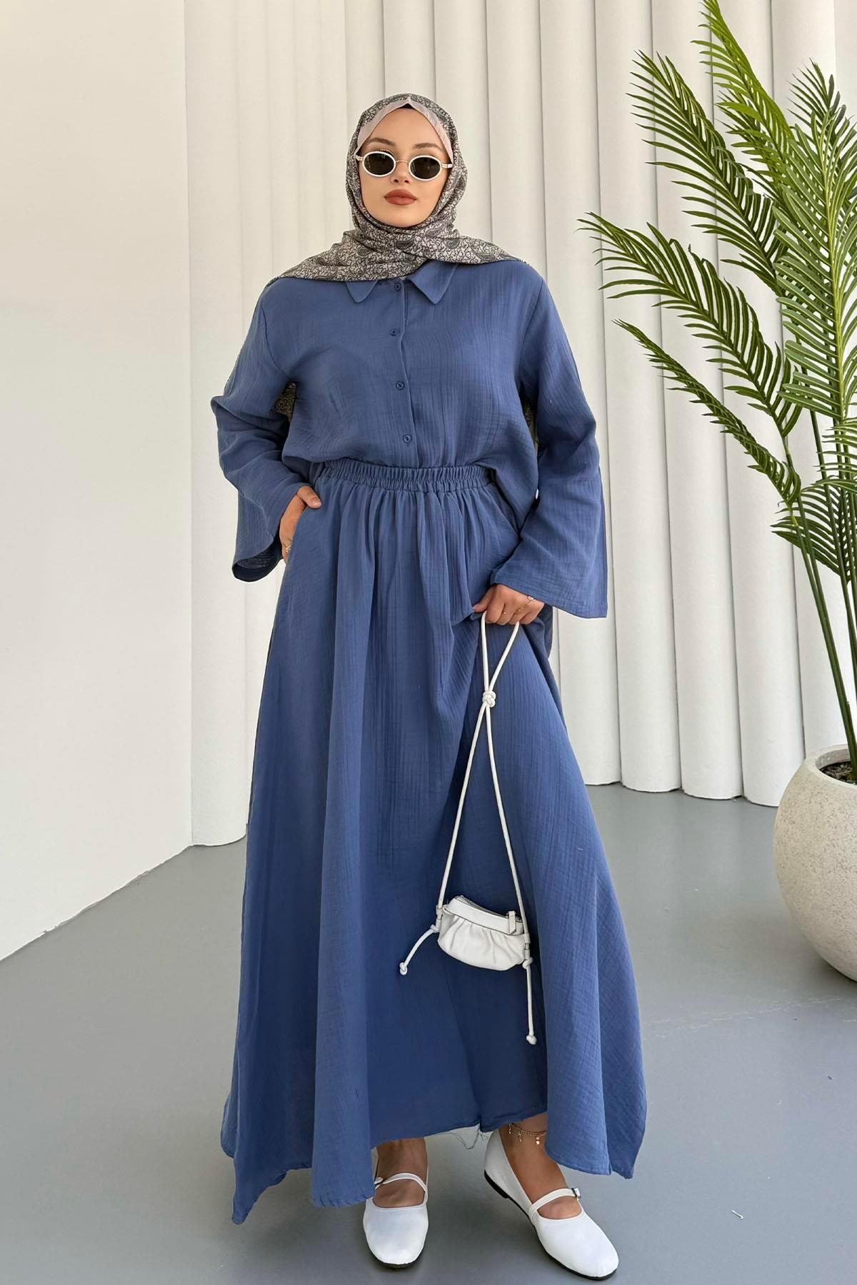 Modaensarbutik Muslin Keten Kumaş Etekli Tesettür Takım-İNDİGO