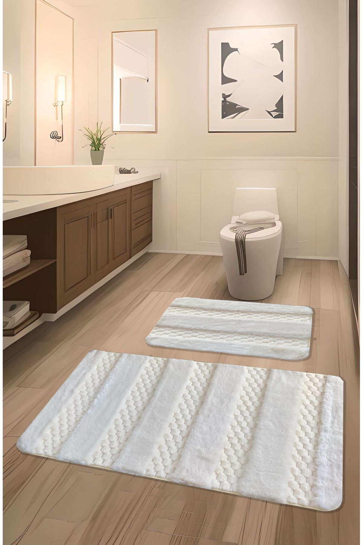 FeelHome Serante Tavşan Tüyü, Kaymaz Taban, Pofuduk, Yumuşacık, Ultra Lüks, Yıkanabilir 2'li Banyo Paspası