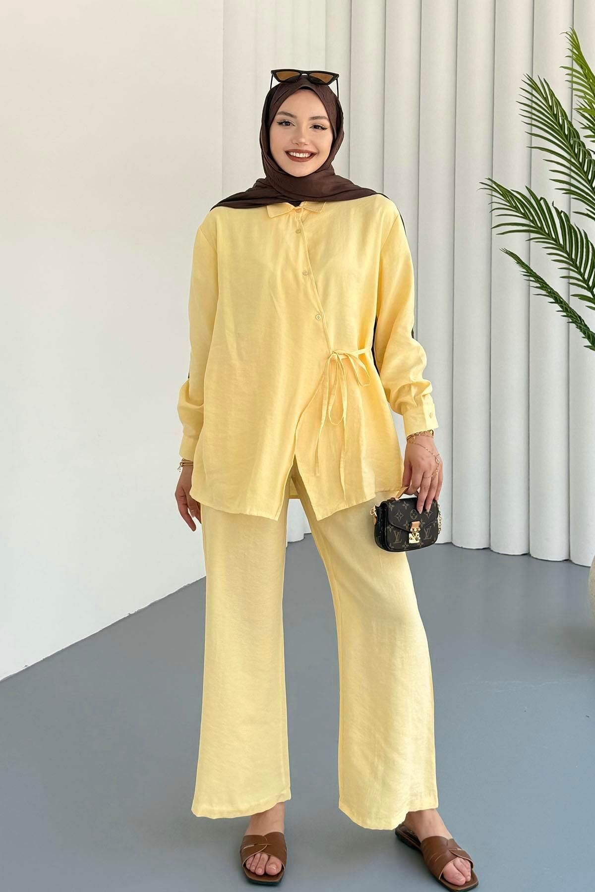 Modaensarbutik Gömleği Yandan Bağlamalı Modal Pantolonlu Tesettür Takım-SARI