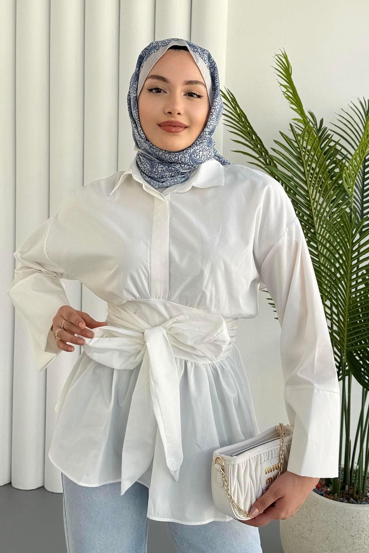 Modaensarbutik Beli Bağlamalı Tesettür Gömlek-EKRU