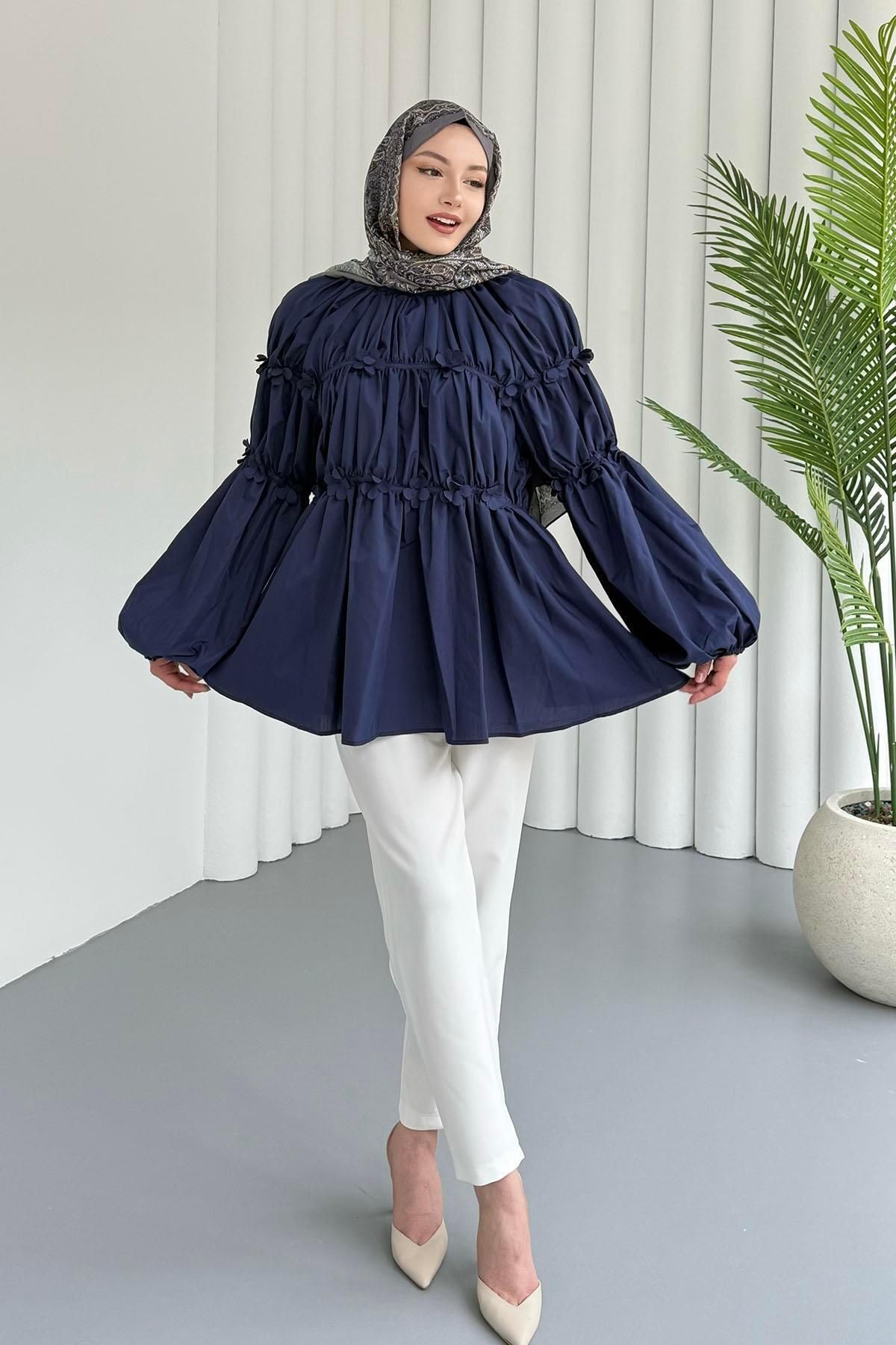 Modaensarbutik Reglan Minik Çiçek Detaylı Poplin Gömlek-LACİVERT