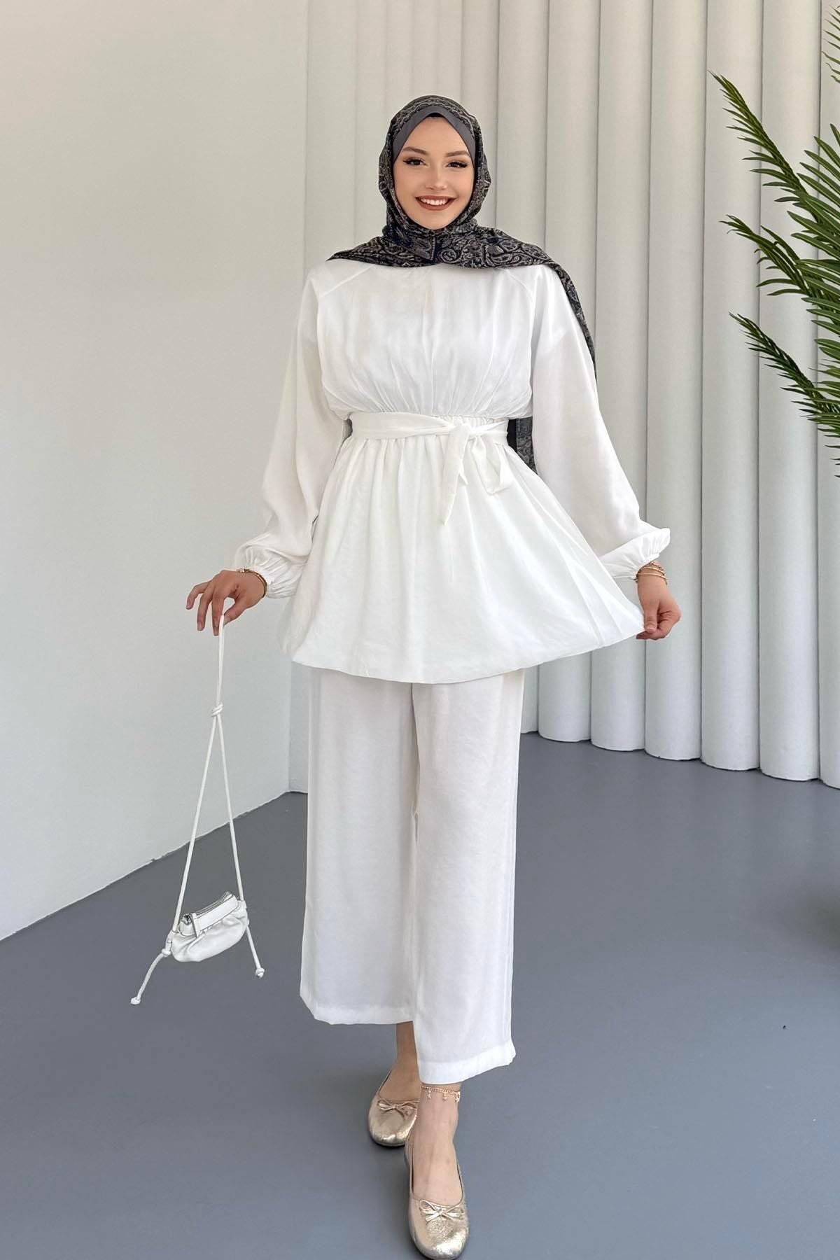 Modaensarbutik Belden Lastik Detaylı Pantolonlu Tesettür Takım-BEYAZ