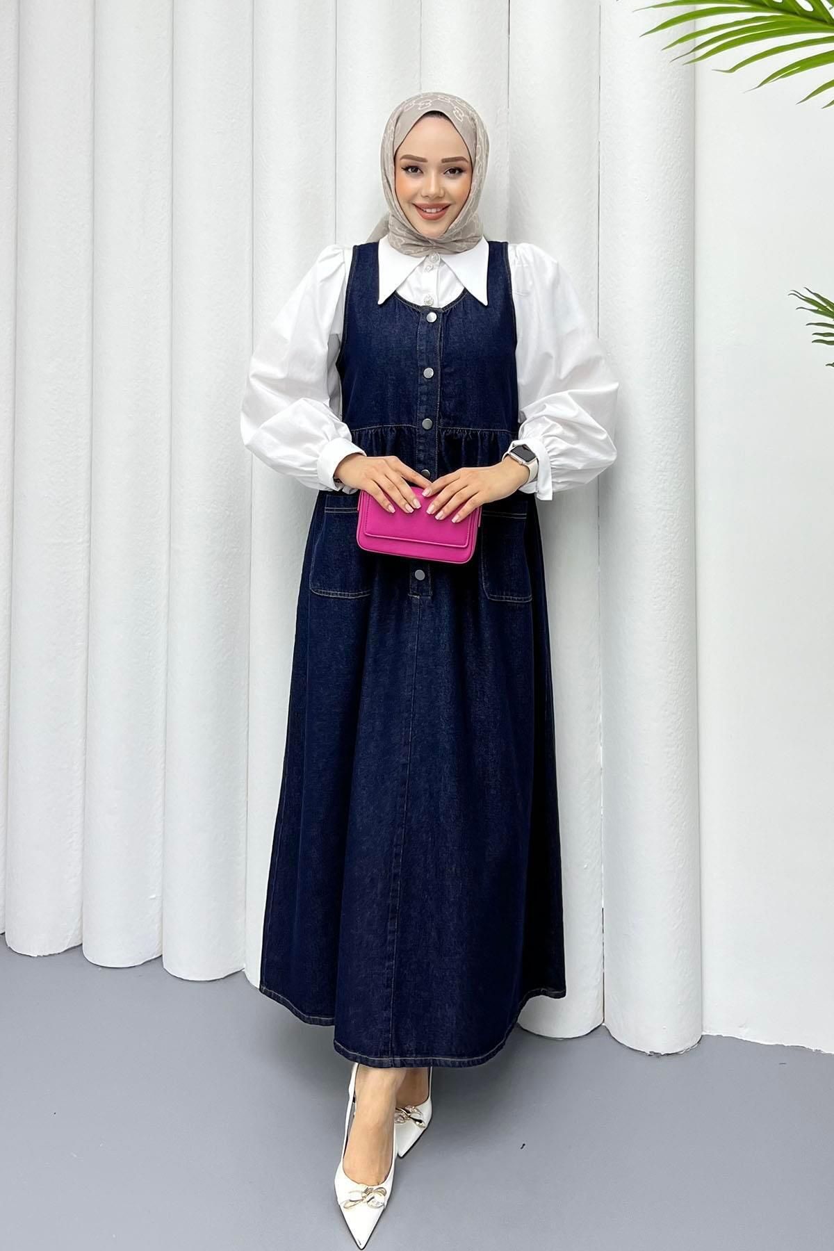 Modaensarbutik Önden Düğmeli Cep Detaylı Denim Jİle-KOYU MAVİ