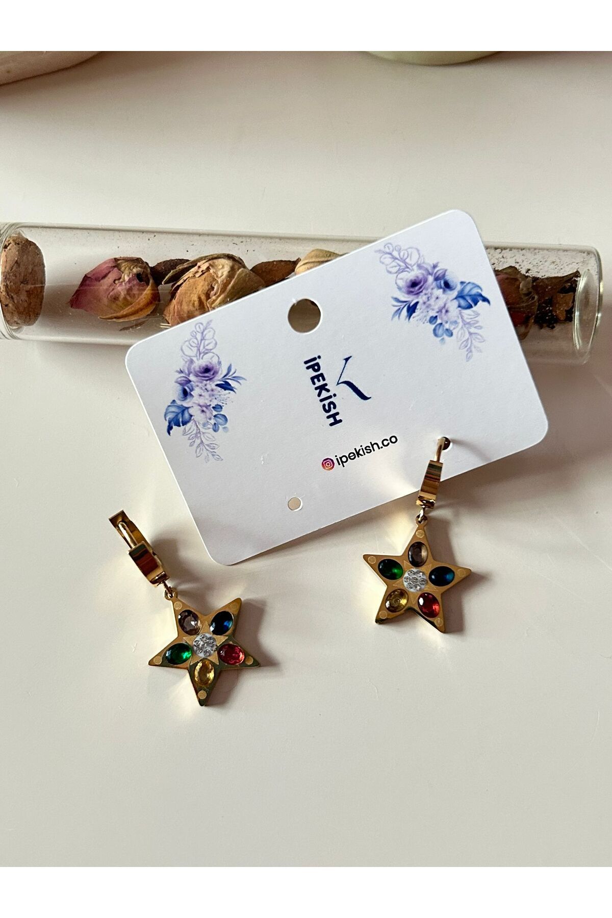 Cheecky Chic İpekish | Gold Renk, Renkli Taşlı, Yıldız Figürlü, Paslanmaz Çelik, Halka Küpe