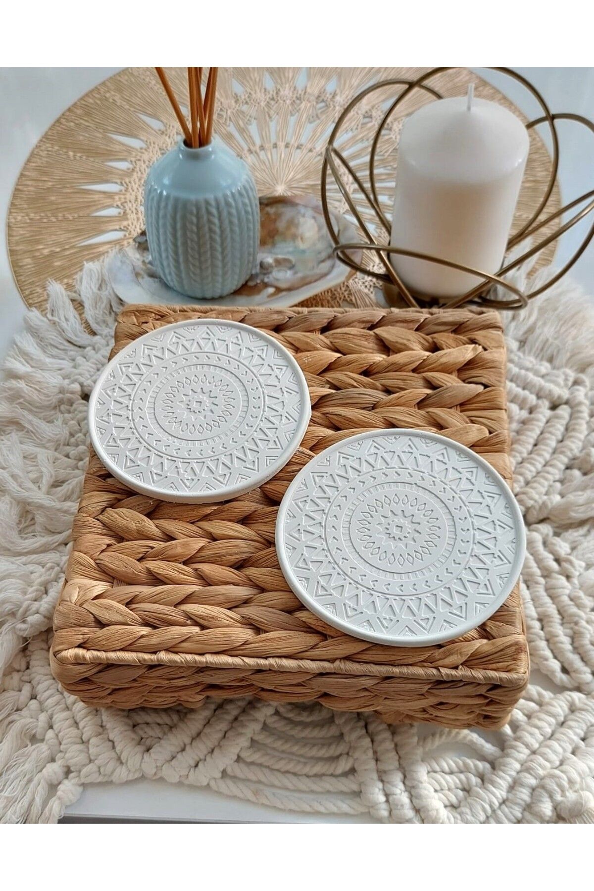 bscmod İskandinav Dekoratif Beton Bardak Altlığı, Mandala Bardak Altlığı, Mum, Pinterest Sunumluk 2 adet