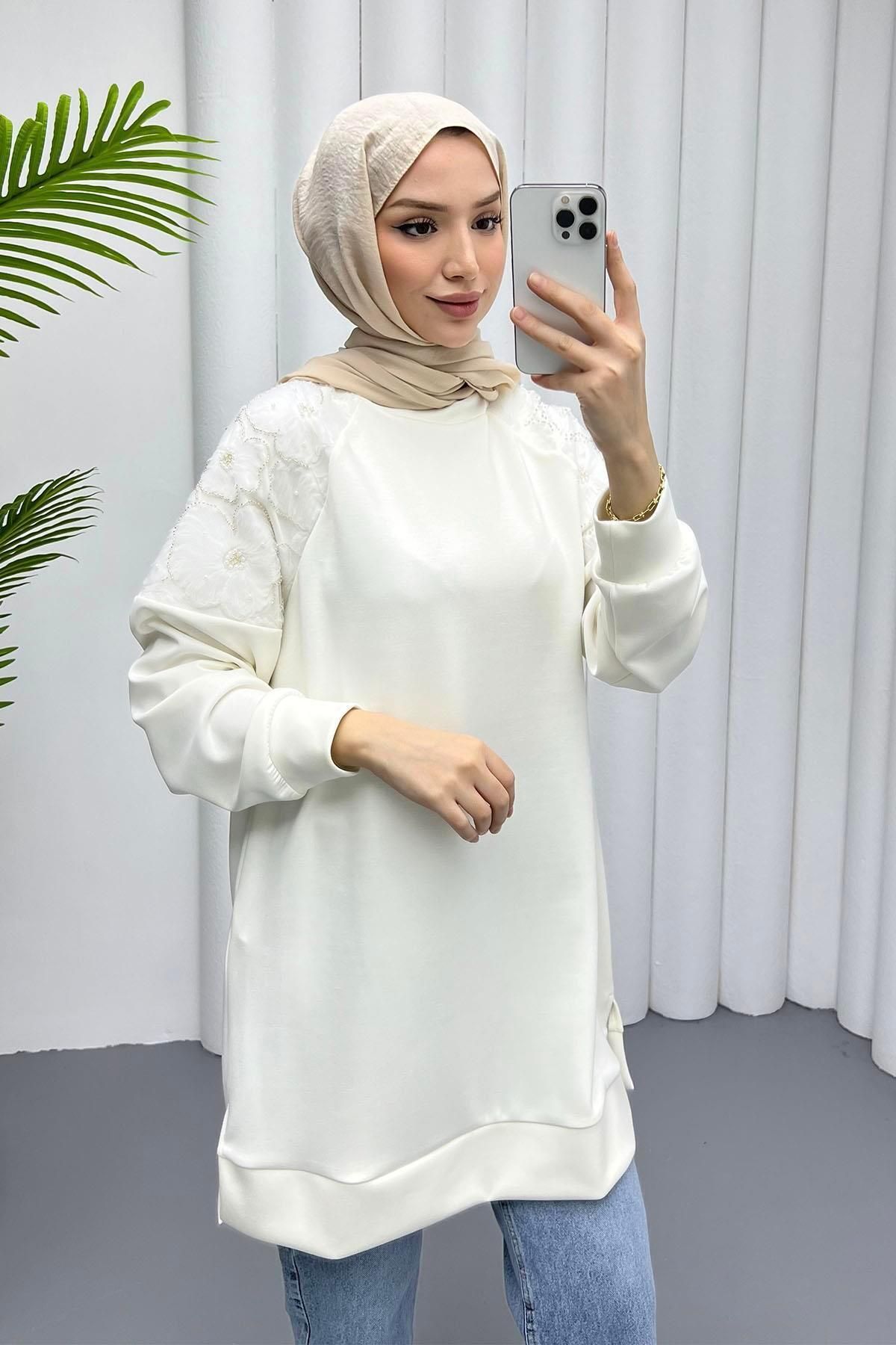 Modaensarbutik Omuzları Tül Detaylı Sweatshirt-EKRU