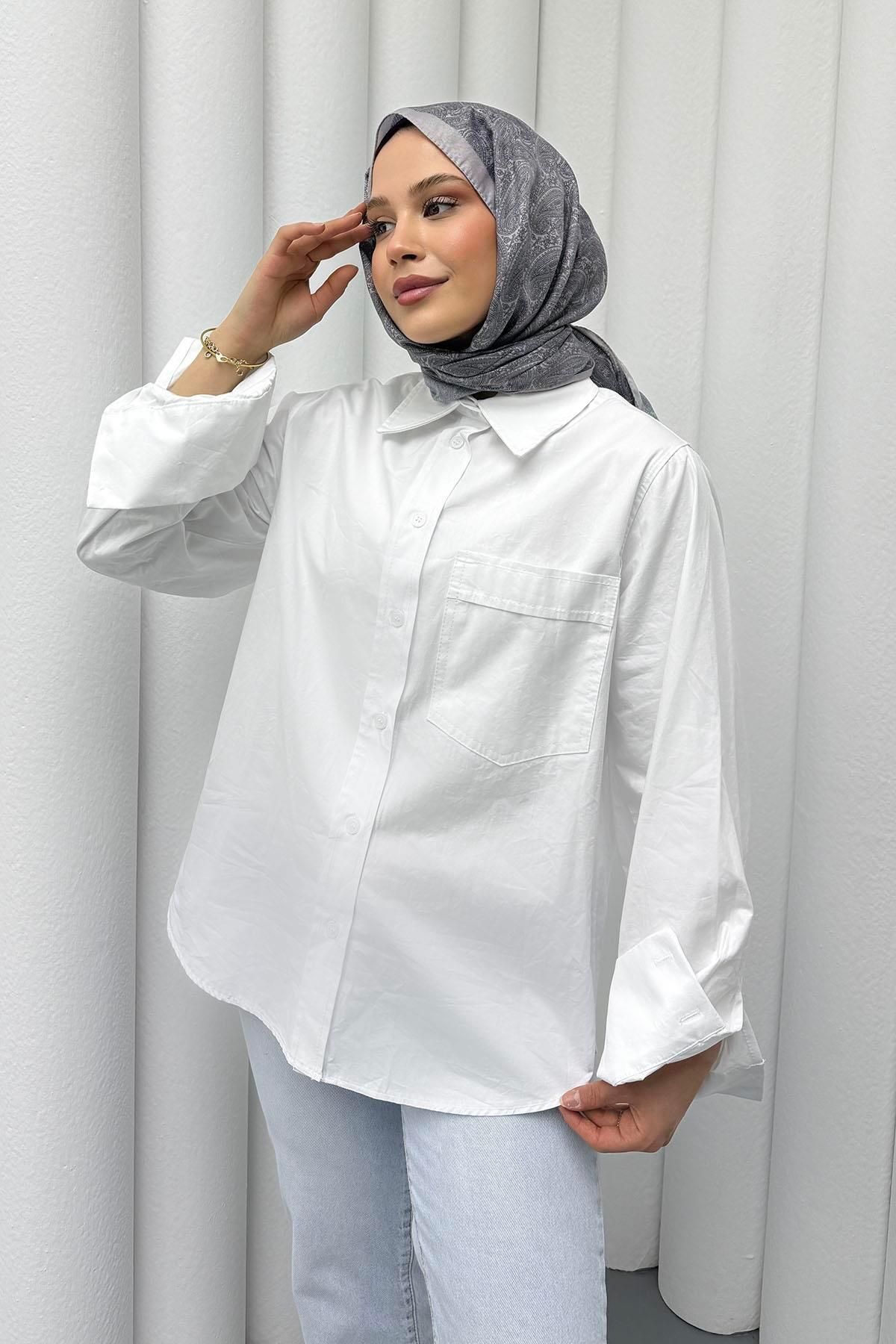 Modaensarbutik Cep Detaylı Basic Poplin Tesettür Gömlek-BEYAZ