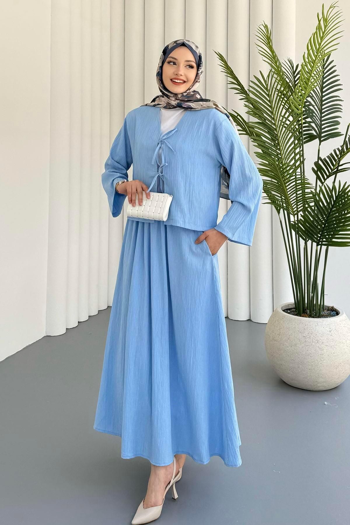 Modaensarbutik Önü Bağlamalı Etekli Tesettür Takım-MAVİ