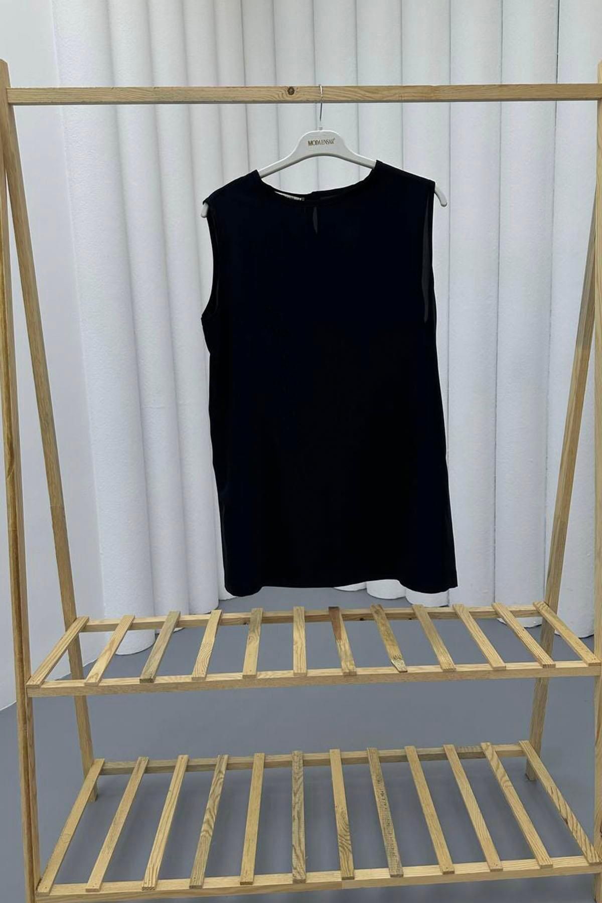 Modaensarbutik Sıfır Kol Saten İçlik-SİYAH