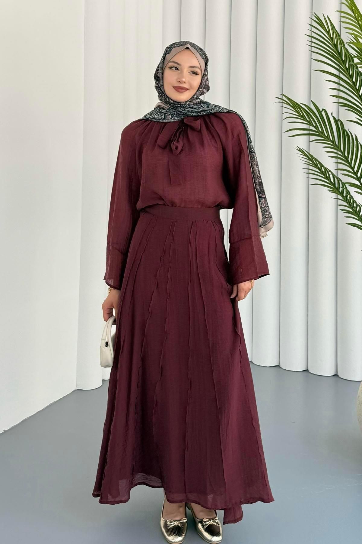 Modaensarbutik Yakası Bağlamalı İnce Keten Kumaş Etekli Tesettür Takım-BORDO