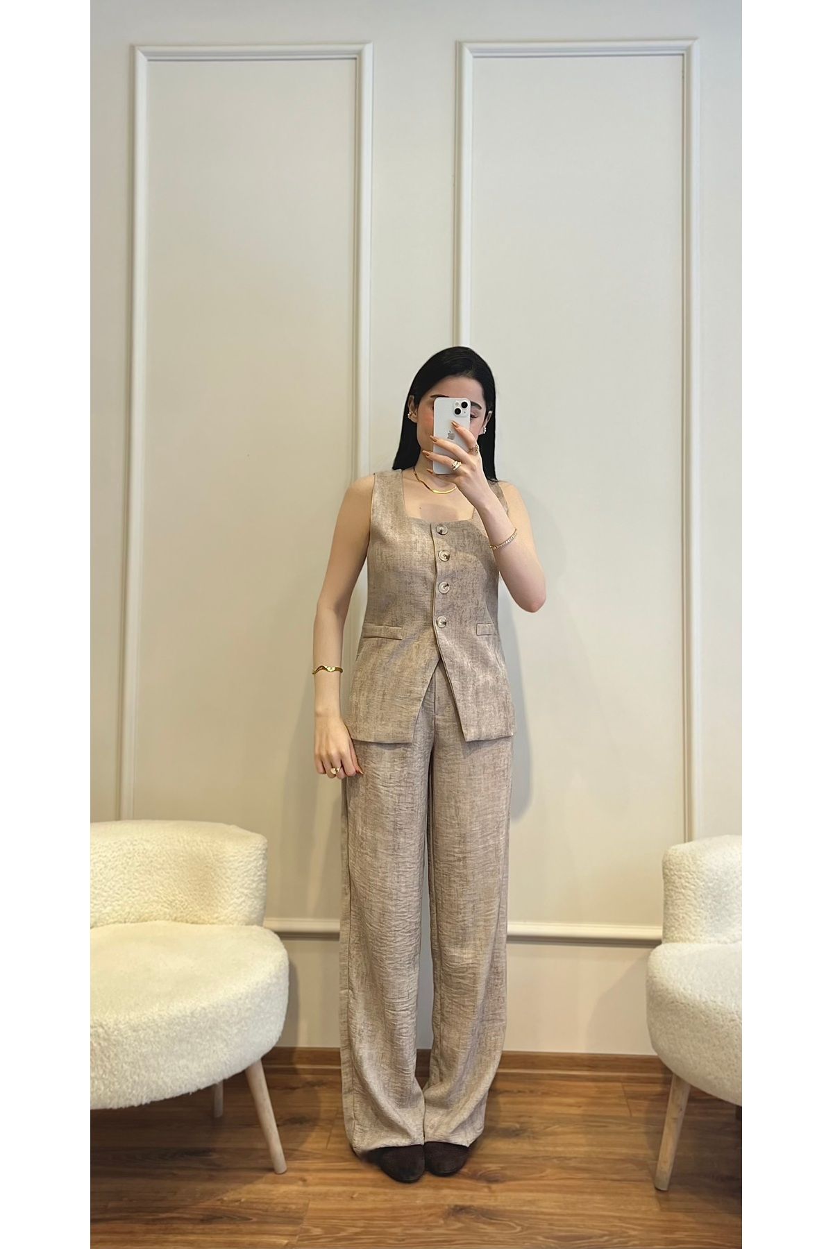 Zims Butik Keten Kare Yaka Belden Bağlamalı Yelek Pantolon Takım